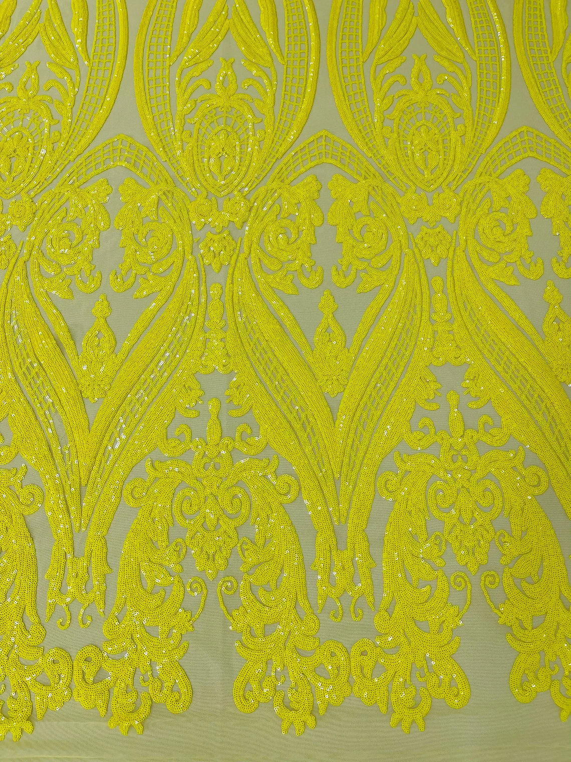 Big Damask 4 Way Sequins - Yellow on Yellow - Embroidered Damask Design Sequins Fabric Sold By Yard