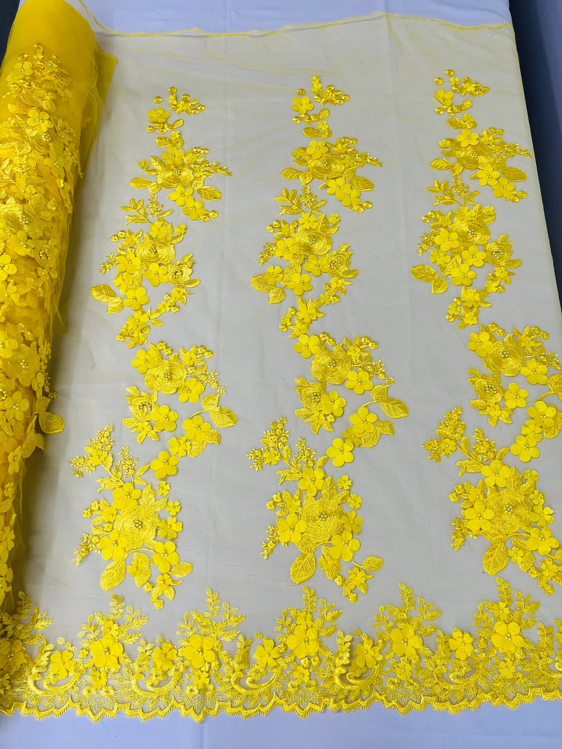 3D Flower Panels Fabric - Yellow - Flower Panels Bead Embroidered on Lace Fabric Sold By Yard