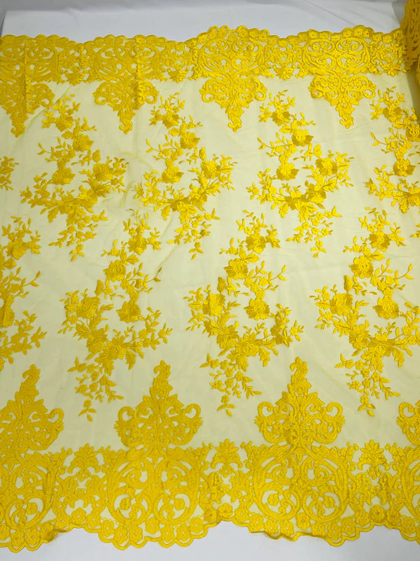 Damask Design Lace Fabric - Yellow - Embroidered Damask Fancy Beautiful Design Lace Fabric By Yard