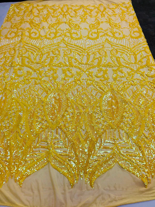 Royalty Damask Sequins Fabric - Yellow - Fancy Royal Lace Design 4 Way Stretch Sequins By Yard