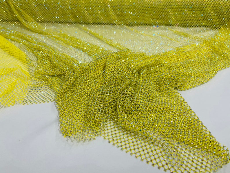 AB Iridescent Rhinestones On Soft Stretch Fish Net Fabric 45" Wide -sold by The Yard.