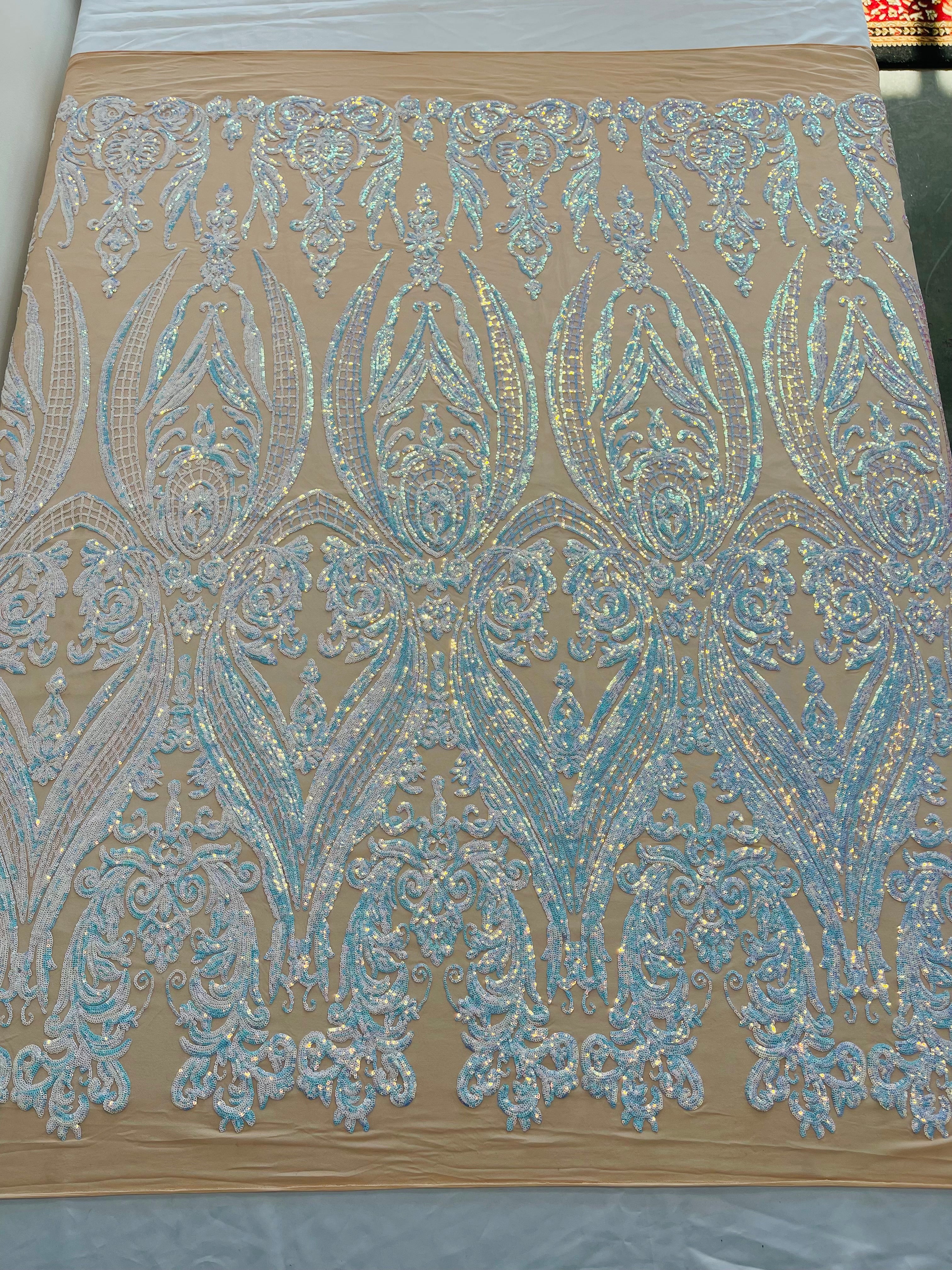 Big Damask 4 Way Sequins - Aqua Iridescent on White - Embroidered Damask Design Sequins Fabric Sold By Yard