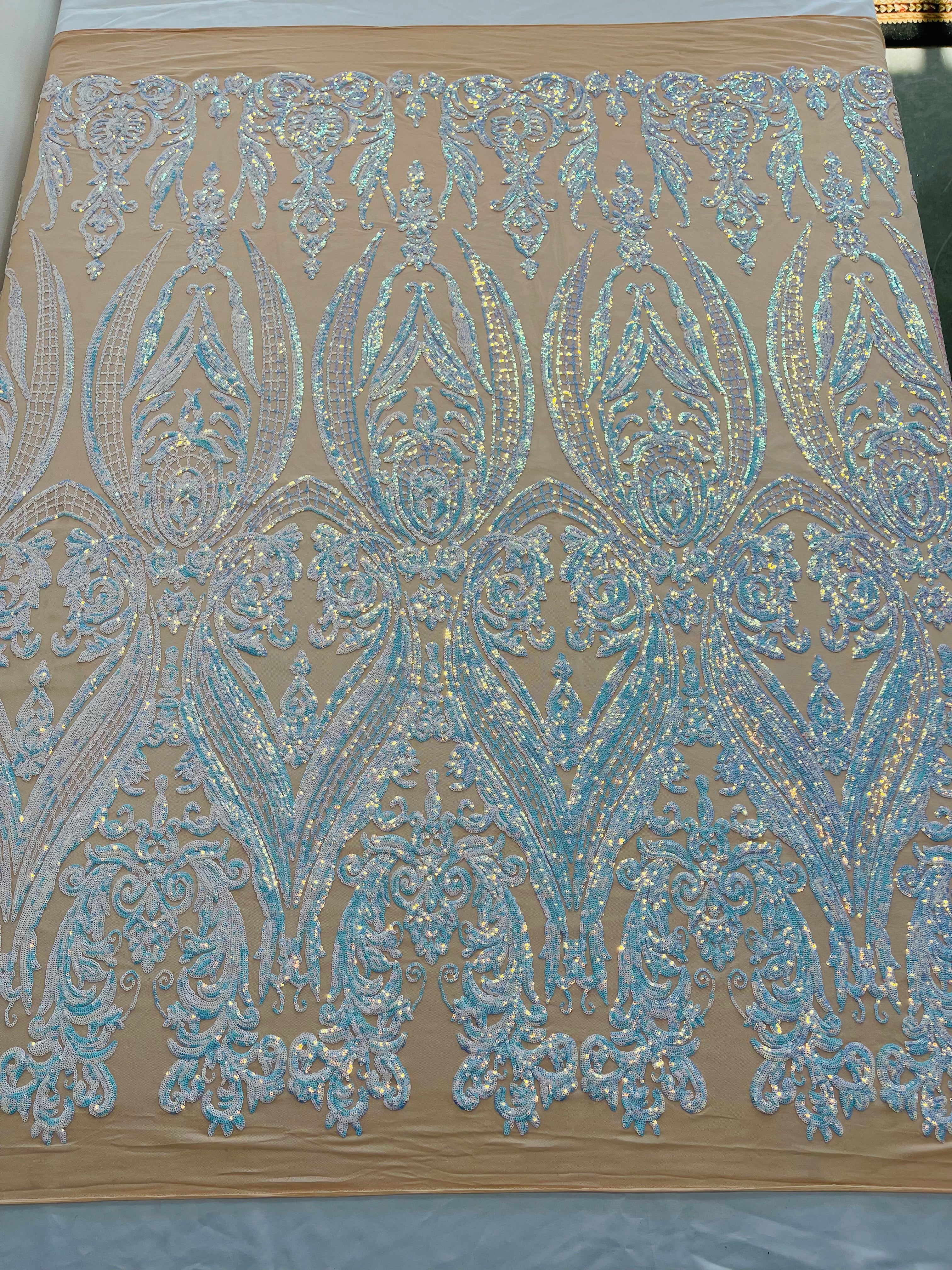 Big Damask 4 Way Sequins - Aqua Iridescent on White - Embroidered Damask Design Sequins Fabric Sold By Yard