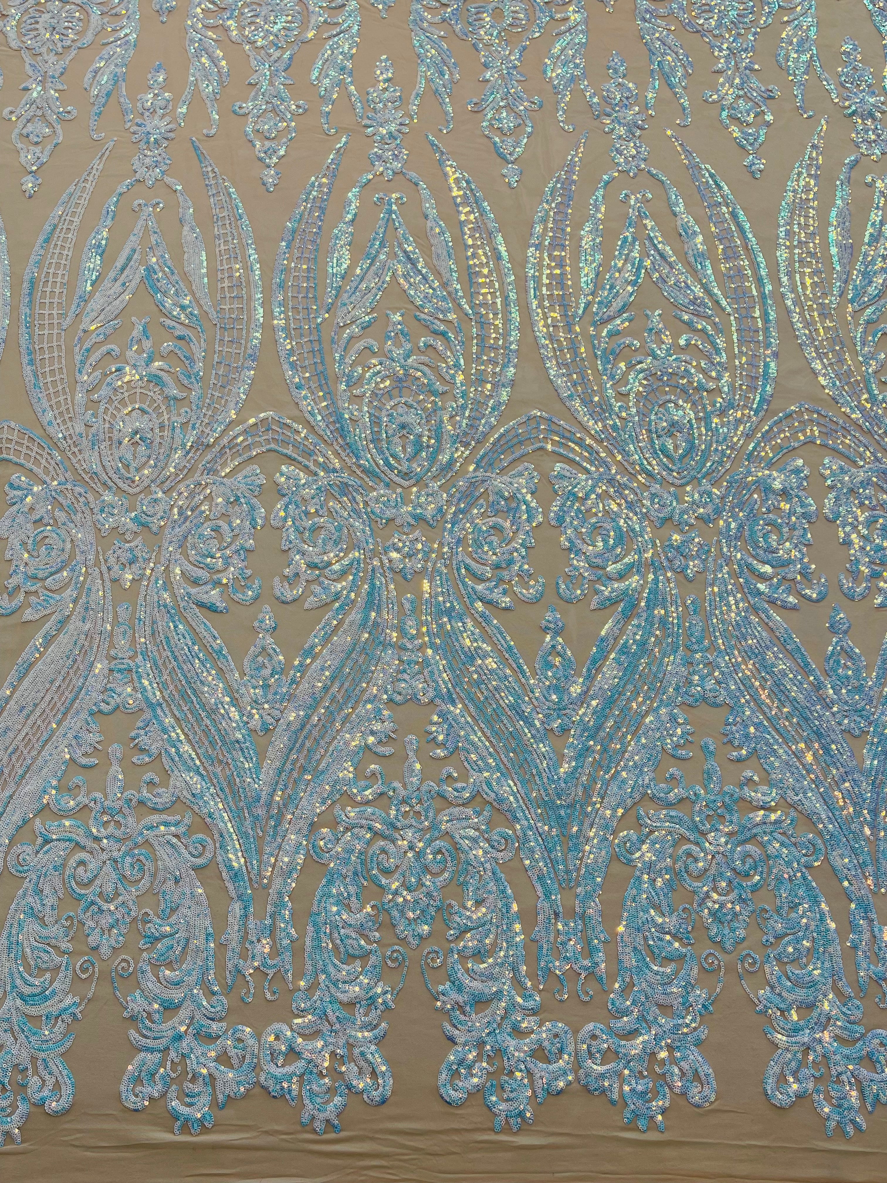 Big Damask 4 Way Sequins - Aqua Iridescent on White - Embroidered Damask Design Sequins Fabric Sold By Yard