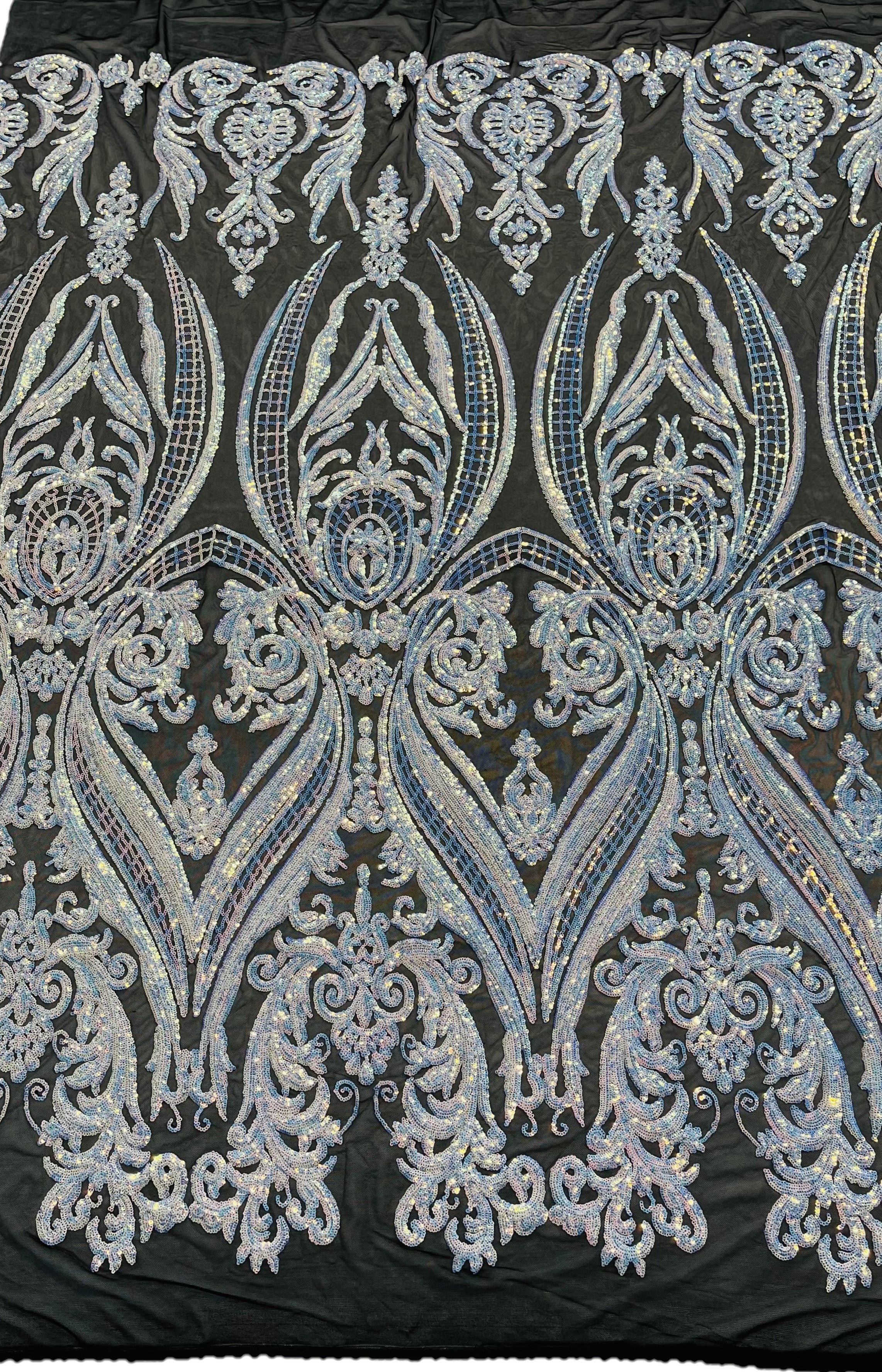 Big Damask 4 Way Sequins - Aqua Iridescent on White - Embroidered Damask Design Sequins Fabric Sold By Yard