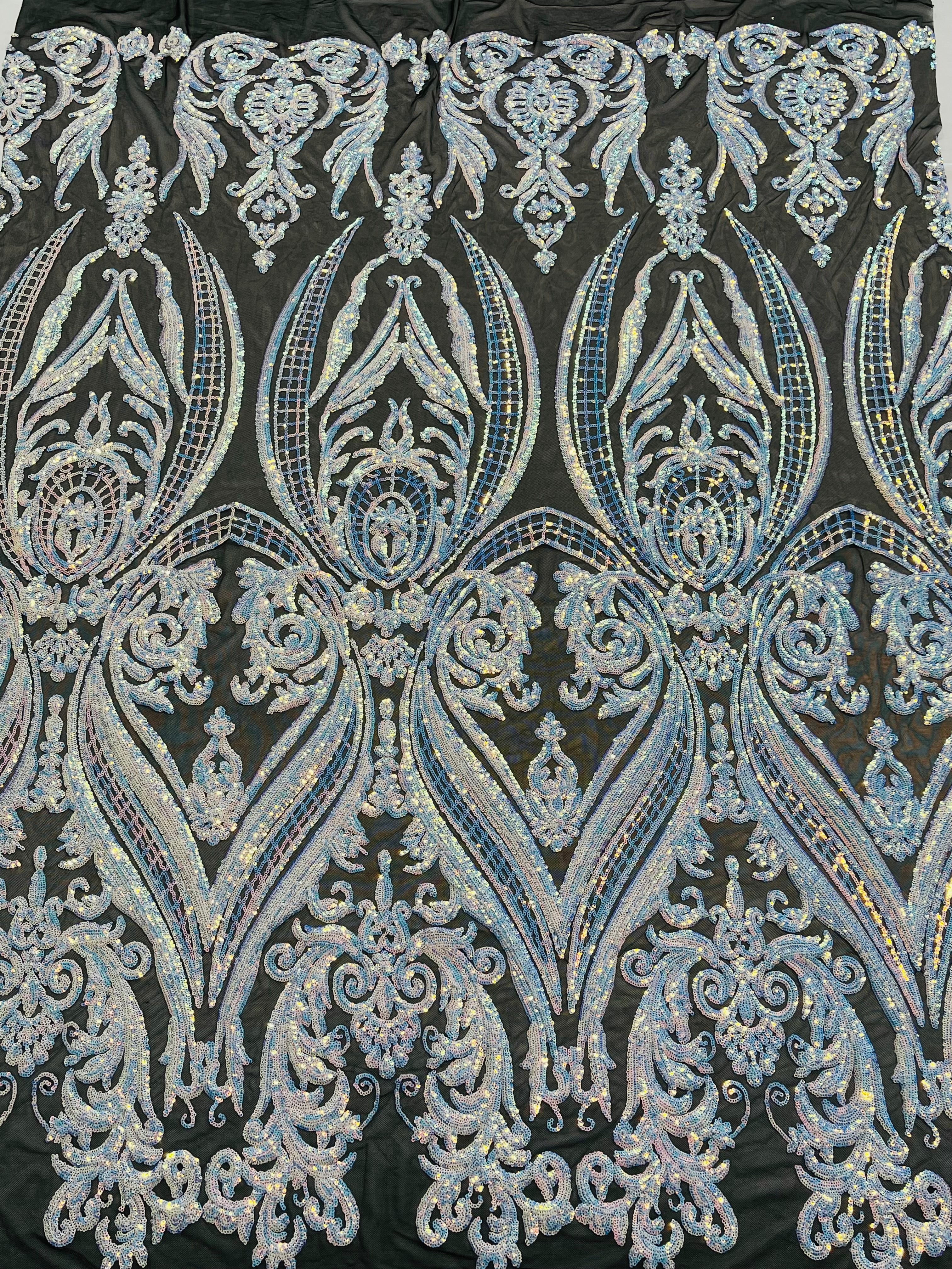 Big Damask 4 Way Sequins - Aqua Iridescent on White - Embroidered Damask Design Sequins Fabric Sold By Yard