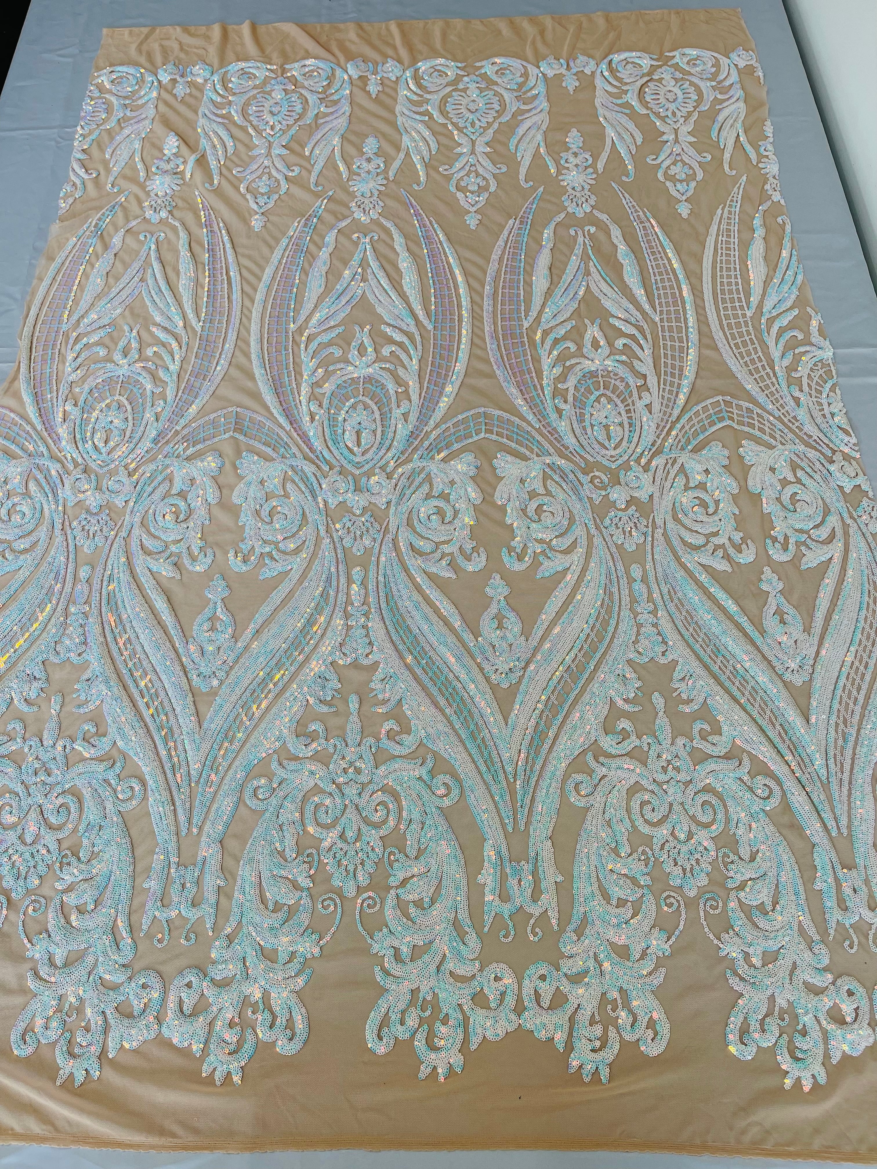 Big Damask 4 Way Sequins - Aqua Iridescent on White - Embroidered Damask Design Sequins Fabric Sold By Yard