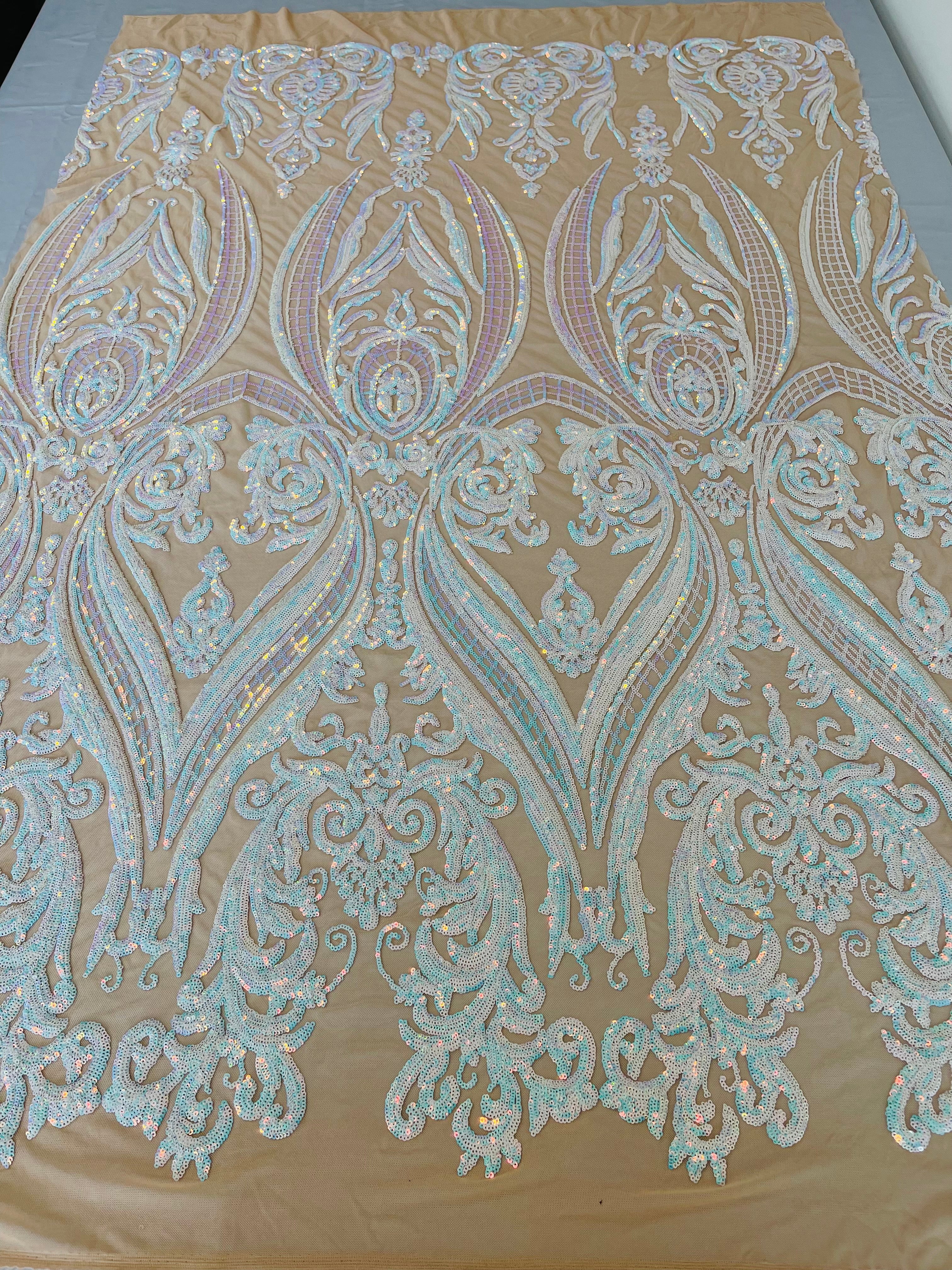 Big Damask 4 Way Sequins - Aqua Iridescent on White - Embroidered Damask Design Sequins Fabric Sold By Yard