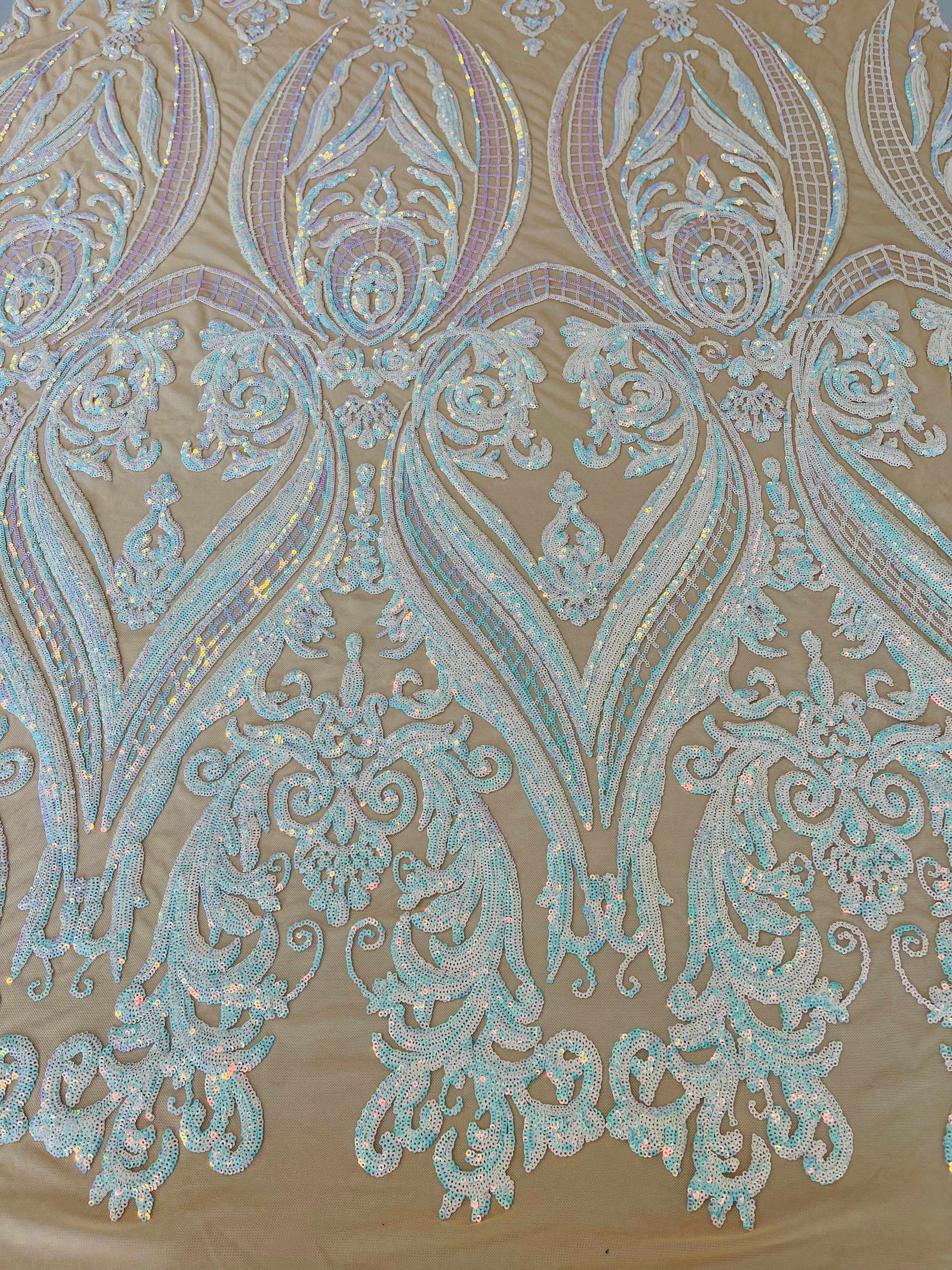 Big Damask 4 Way Sequins - Aqua Iridescent on White - Embroidered Damask Design Sequins Fabric Sold By Yard