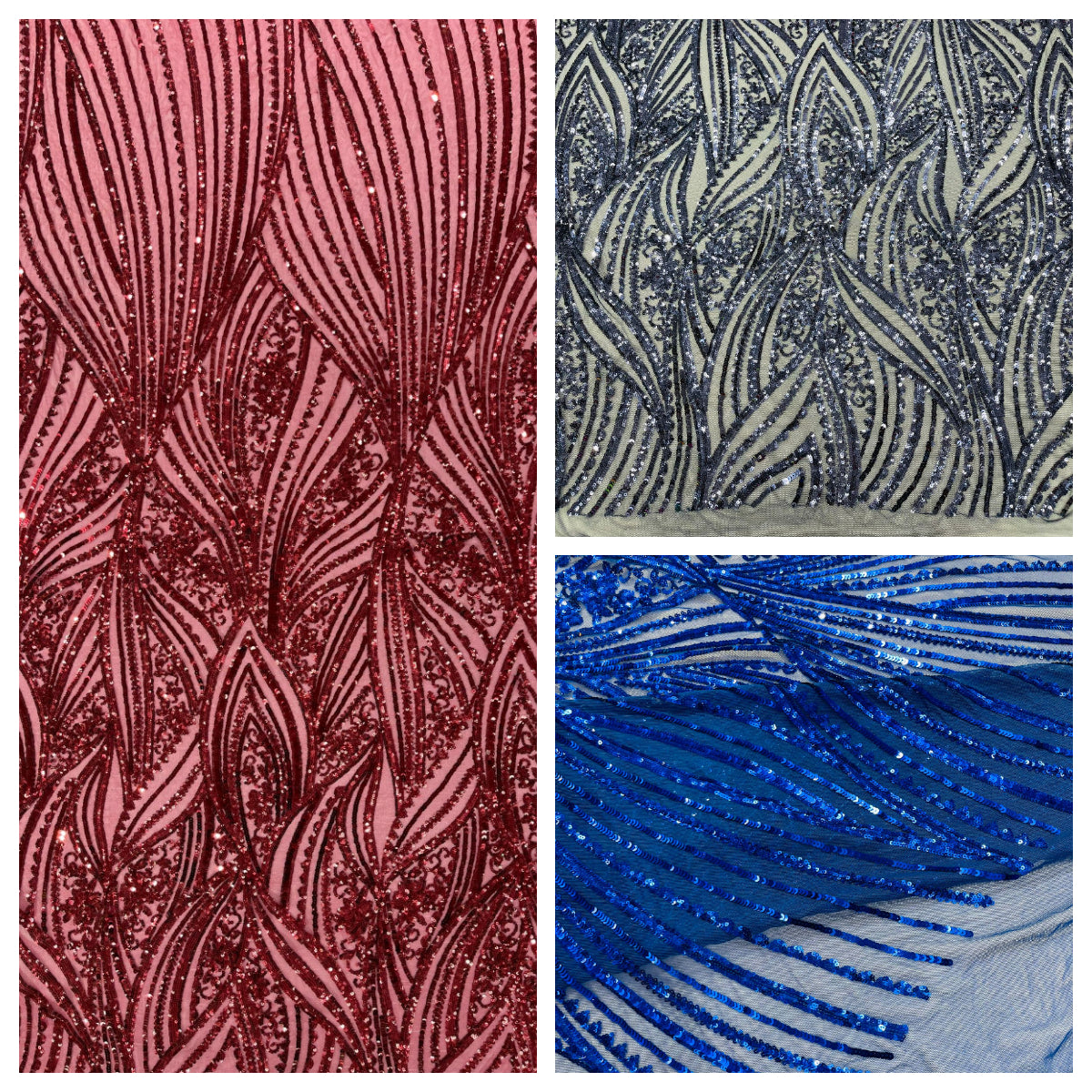 Geometric Feather wing shiny sequin design on a 4 way stretch mesh Fabric-prom-sold by the yard.