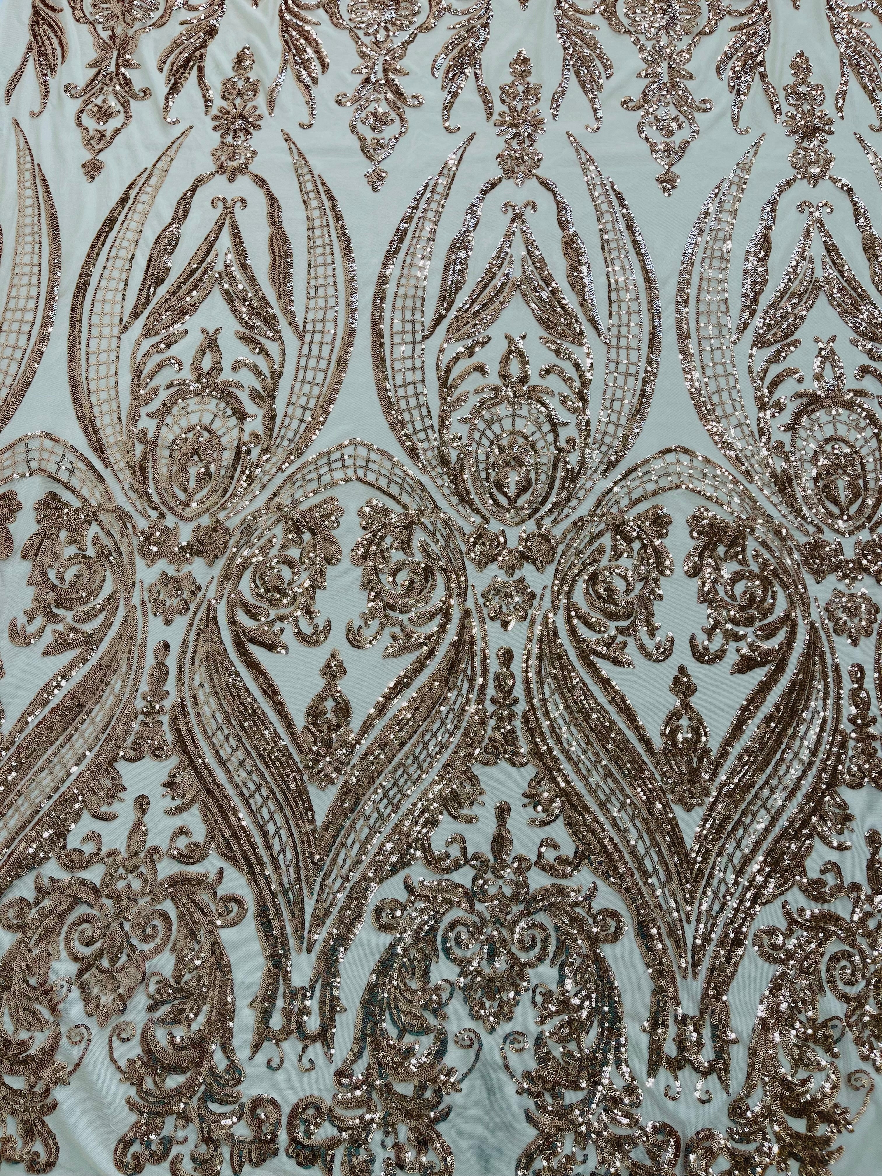 Big Damask 4 Way Sequins - Aqua Iridescent on White - Embroidered Damask Design Sequins Fabric Sold By Yard