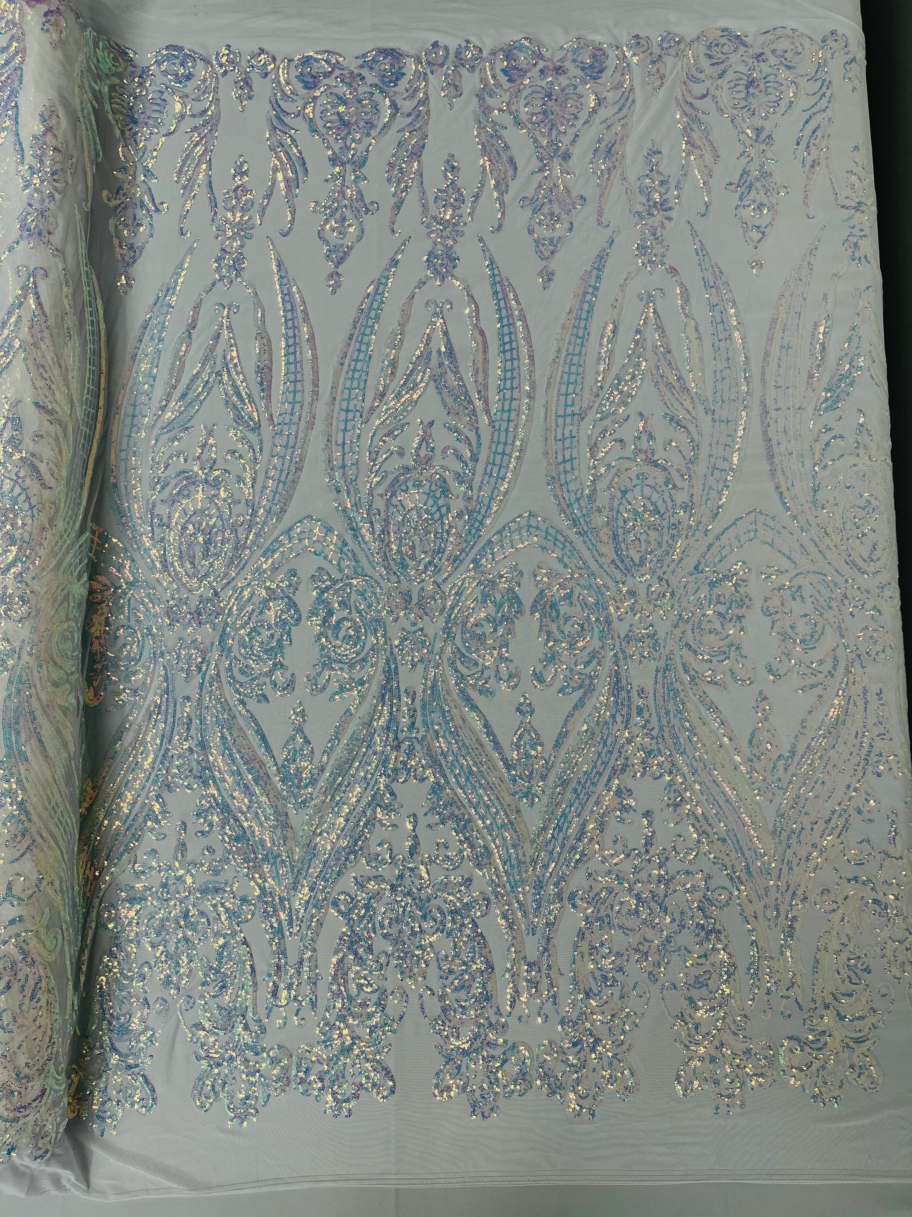 Big Damask 4 Way Sequins - Aqua Iridescent on White - Embroidered Damask Design Sequins Fabric Sold By Yard