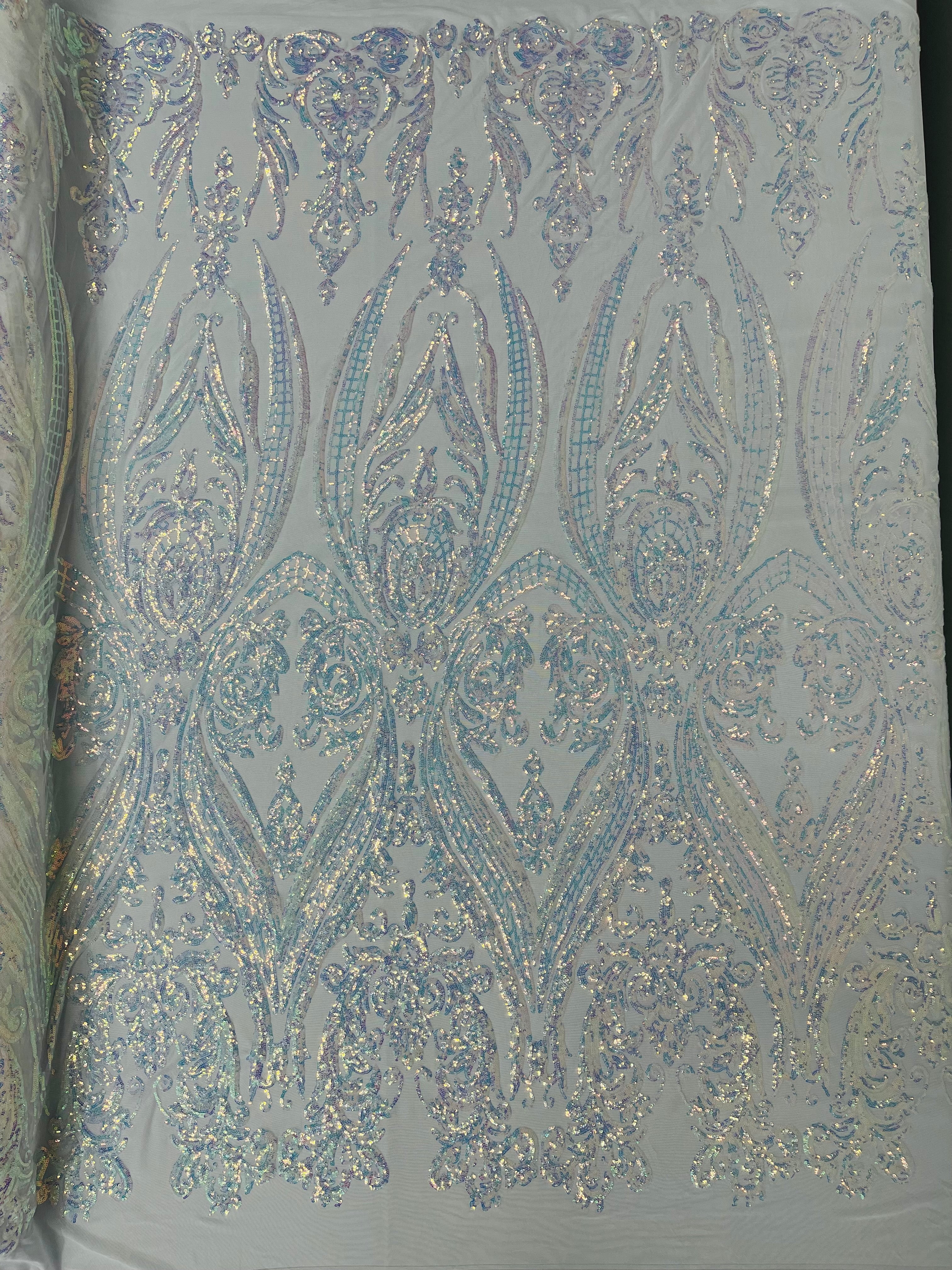 Big Damask 4 Way Sequins - Aqua Iridescent on White - Embroidered Damask Design Sequins Fabric Sold By Yard