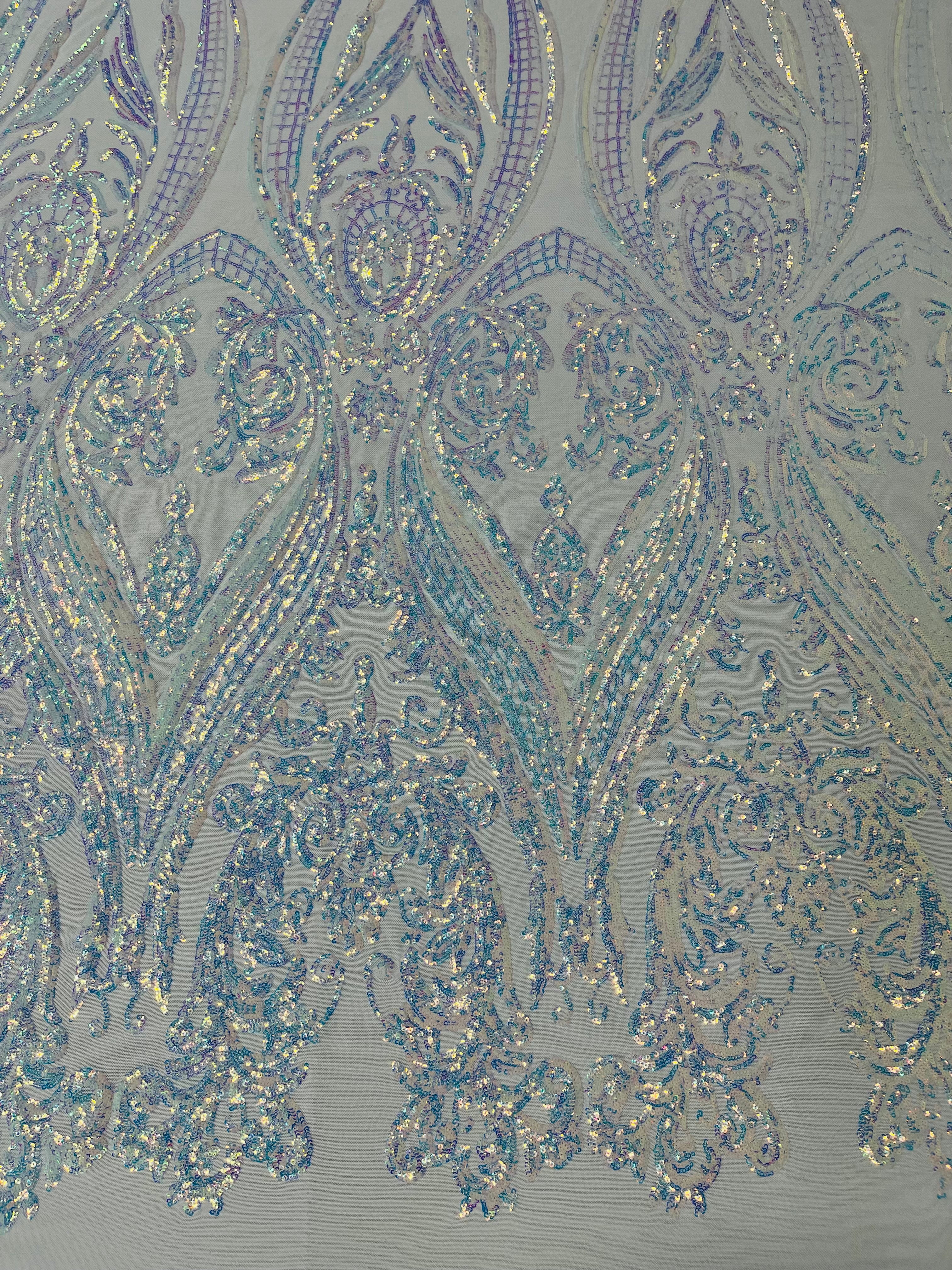 Big Damask 4 Way Sequins - Aqua Iridescent on White - Embroidered Damask Design Sequins Fabric Sold By Yard