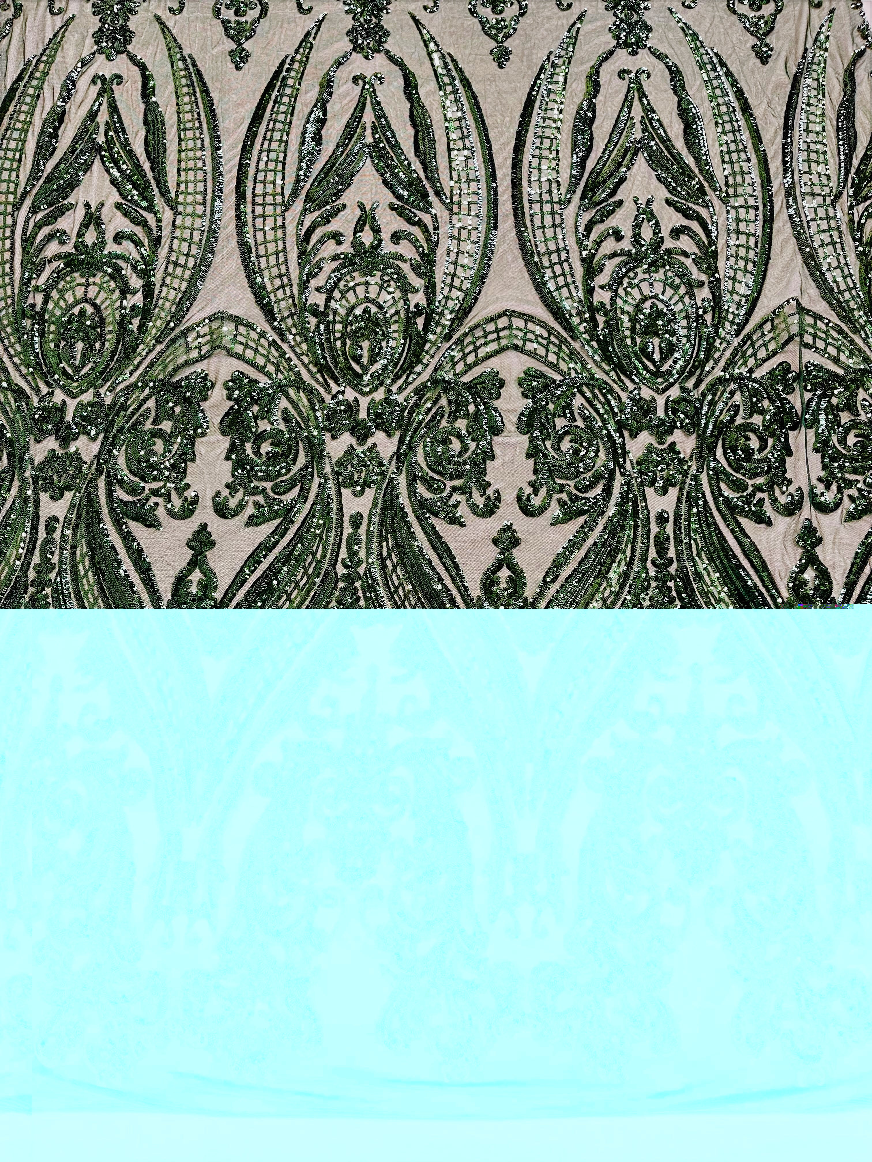 Big Damask 4 Way Sequins - Aqua Iridescent on White - Embroidered Damask Design Sequins Fabric Sold By Yard