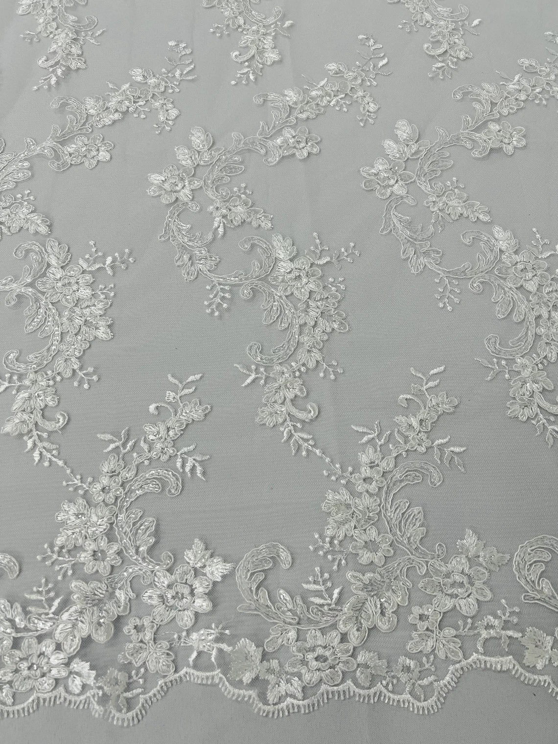 Flower Cluster Lace Sequins Fabric - White - Embroidery Floral Design Lace Fabric By Yard