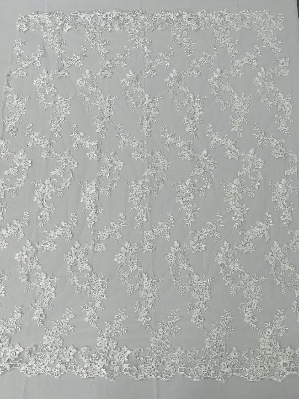 Flower Cluster Lace Sequins Fabric - White - Embroidery Floral Design Lace Fabric By Yard