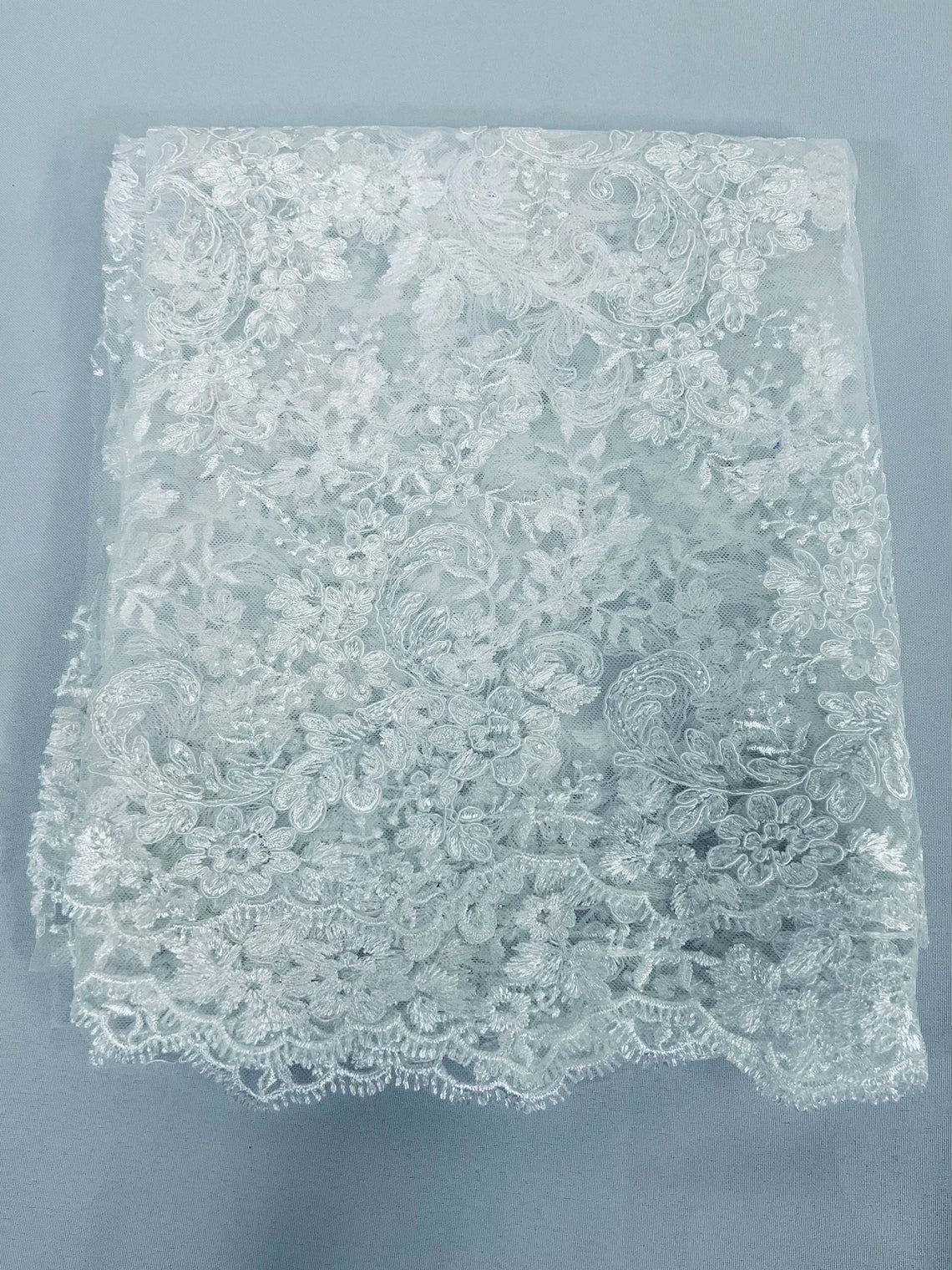 Flower Cluster Lace Sequins Fabric - White - Embroidery Floral Design Lace Fabric By Yard