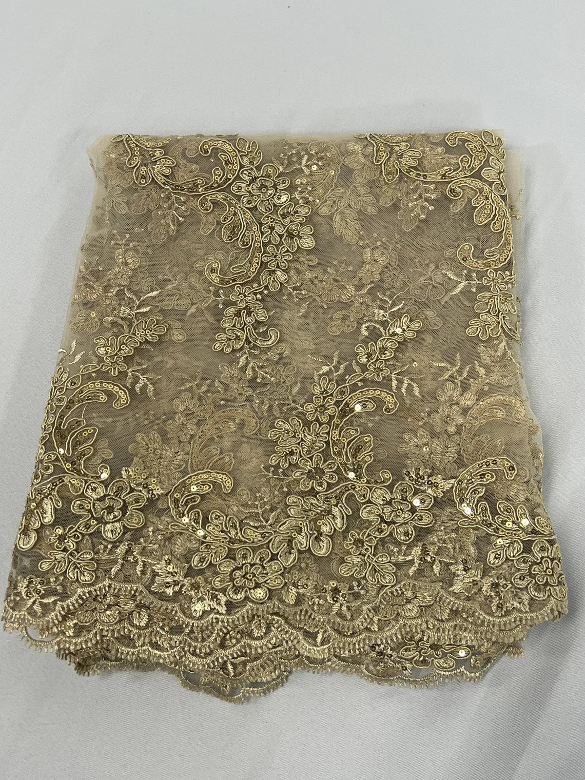 Flower Cluster Lace Sequins Fabric - Champagne - Embroidery Floral Design Lace Fabric By Yard