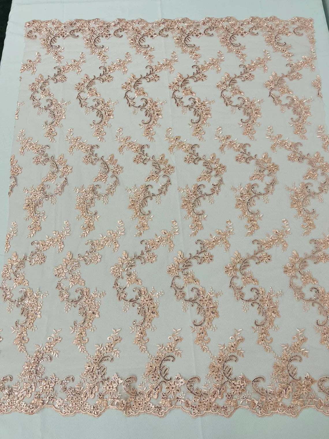 Flower Cluster Lace Sequins Fabric - Peach - Embroidery Floral Design Lace Fabric By Yard