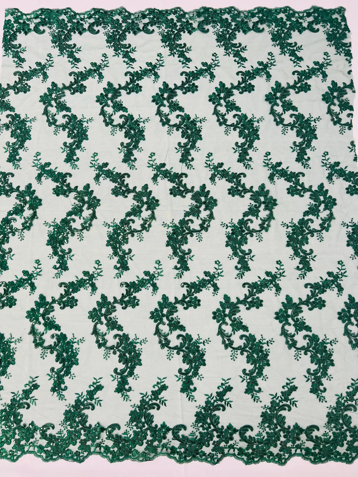 Flower Cluster Lace Sequins Fabric - Hunter Green - Embroidery Floral Design Lace Fabric By Yard