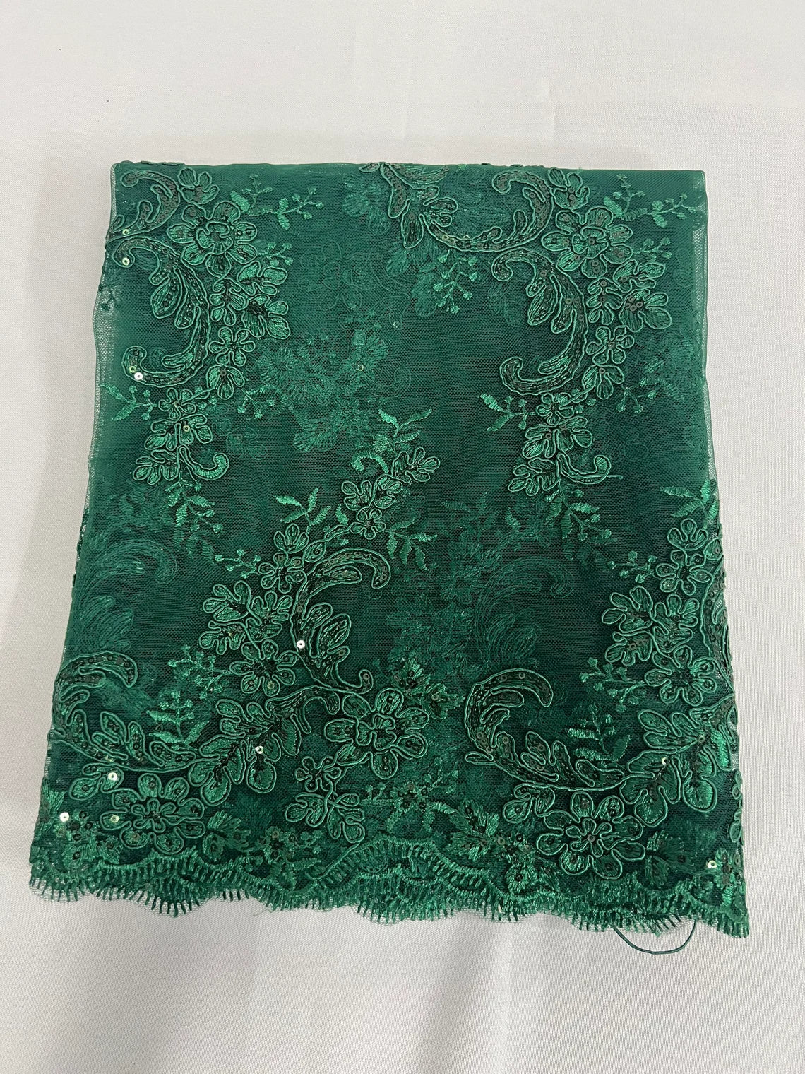 Flower Cluster Lace Sequins Fabric - Hunter Green - Embroidery Floral Design Lace Fabric By Yard