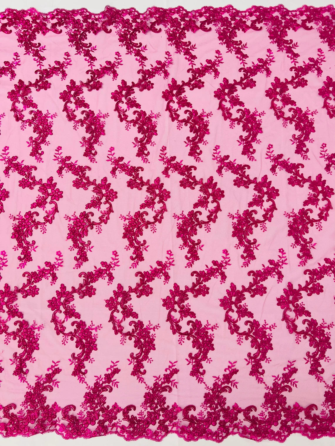 Flower Cluster Lace Sequins Fabric - Fuchsia - Embroidery Floral Design Lace Fabric By Yard
