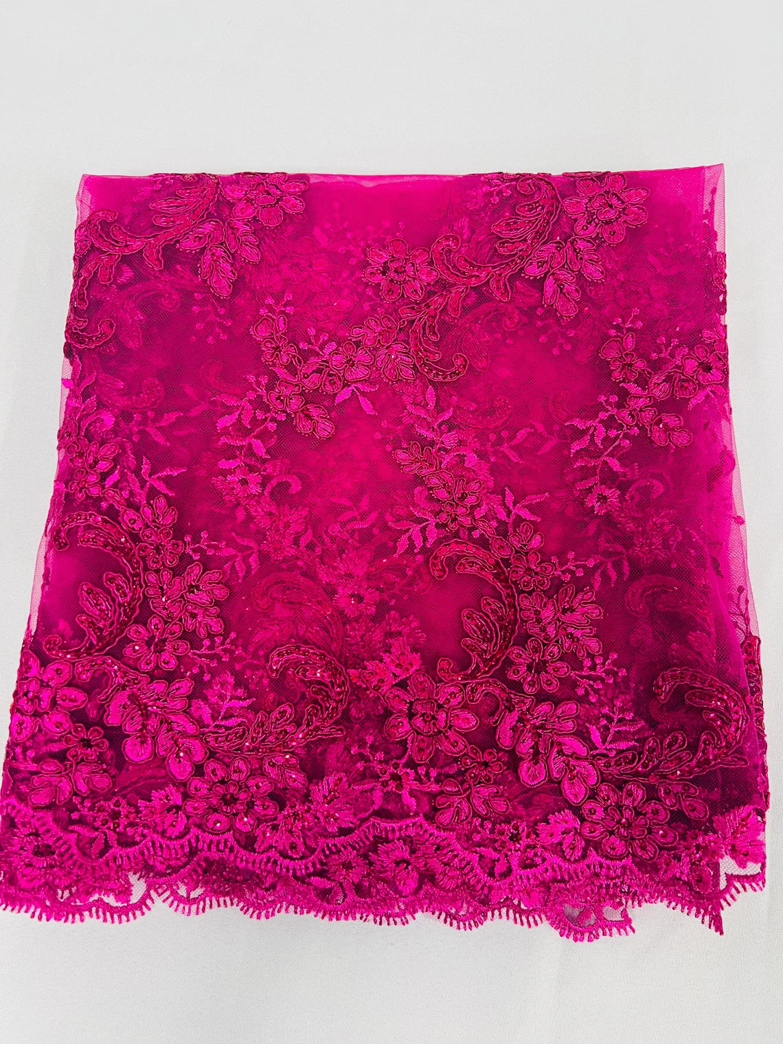 Flower Cluster Lace Sequins Fabric - Fuchsia - Embroidery Floral Design Lace Fabric By Yard