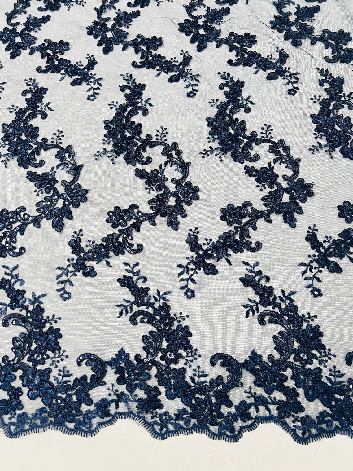 Flower Cluster Lace Sequins Fabric - Navy Blue - Embroidery Floral Design Lace Fabric By Yard