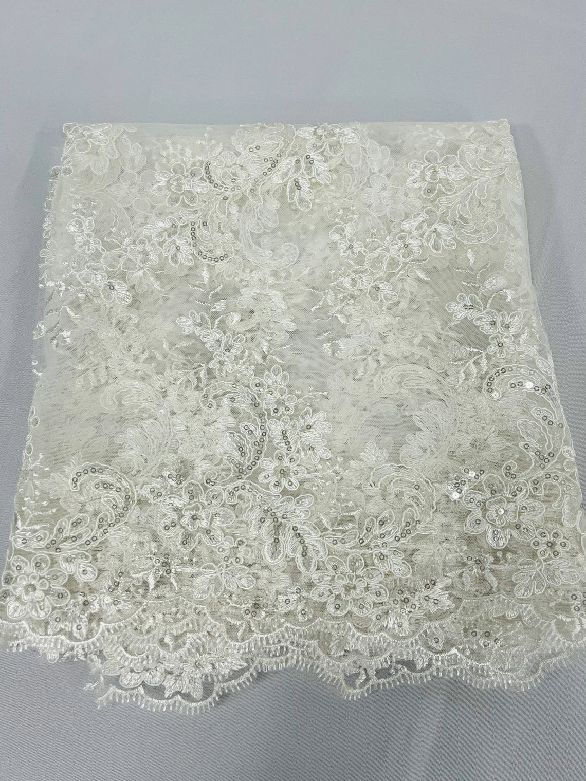 Flower Cluster Lace Sequins Fabric - Ivory - Embroidery Floral Design Lace Fabric By Yard