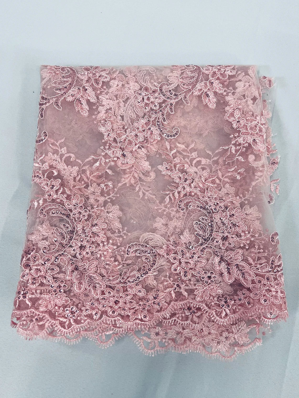 Flower Cluster Lace Sequins Fabric - Pink - Embroidery Floral Design Lace Fabric By Yard
