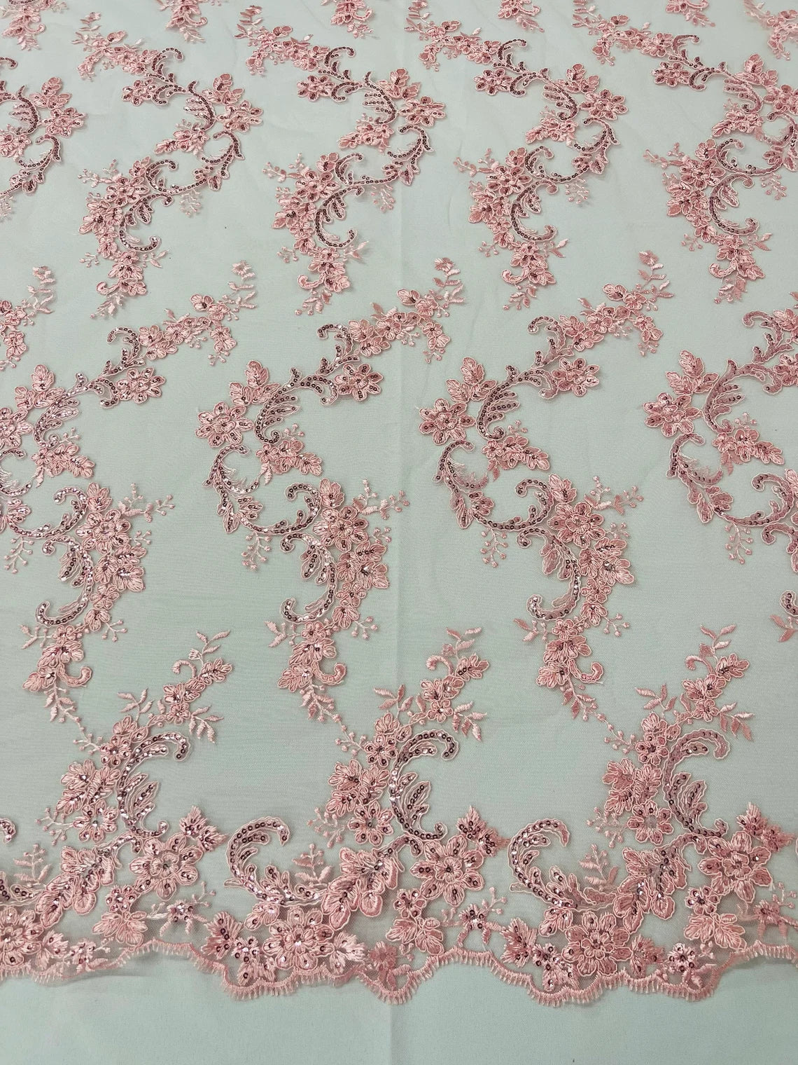 Flower Cluster Lace Sequins Fabric - Pink - Embroidery Floral Design Lace Fabric By Yard