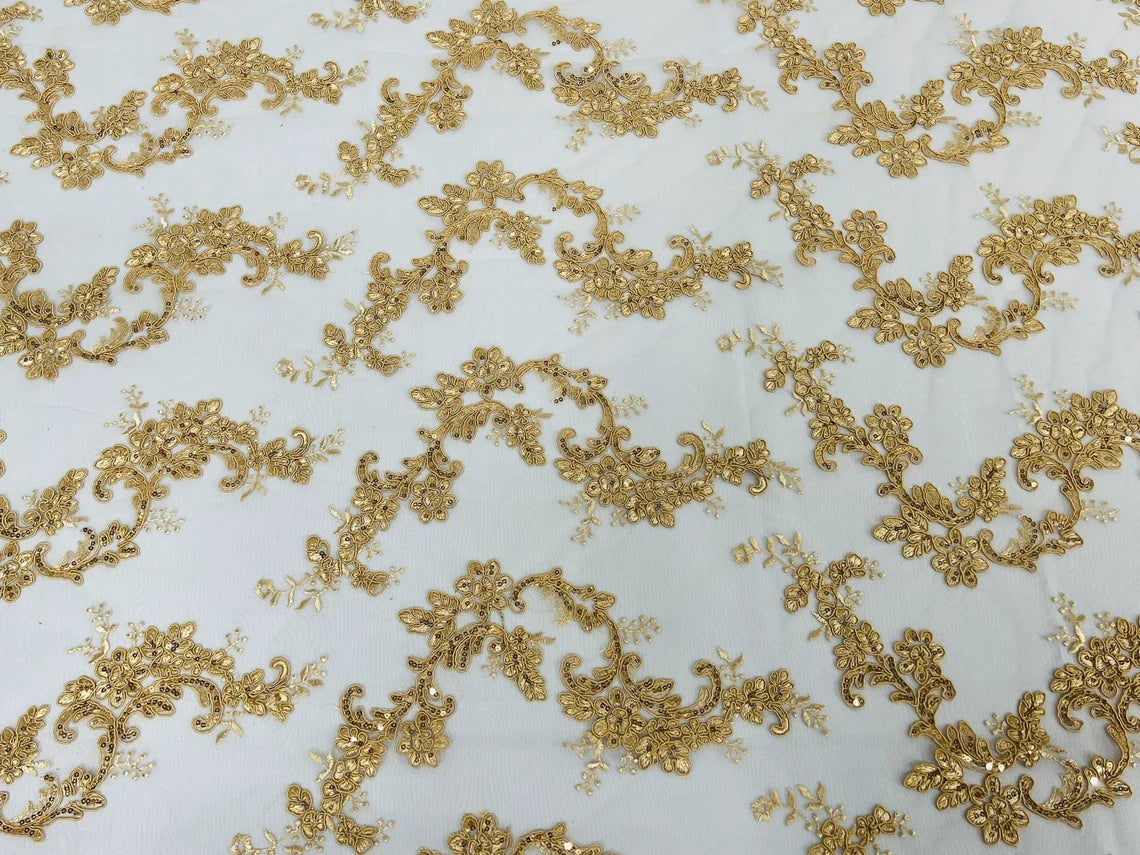 Flower Cluster Lace Sequins Fabric - Gold - Embroidery Floral Design Lace Fabric By Yard