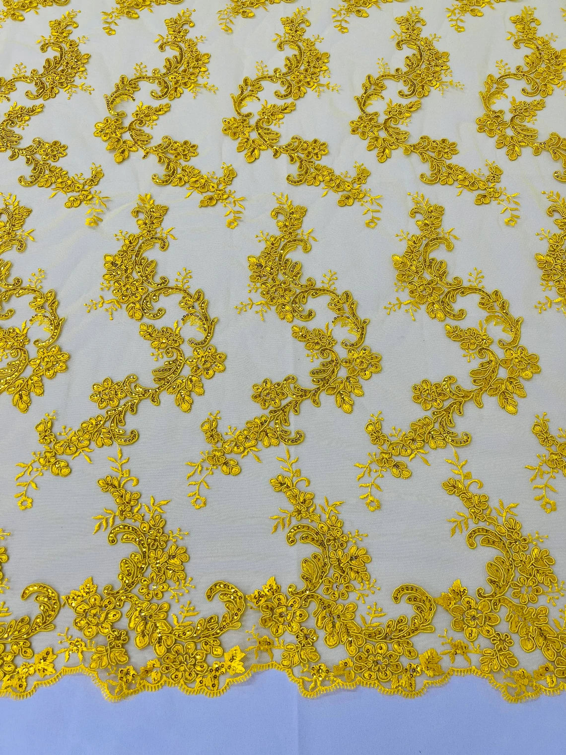 Flower Cluster Lace Sequins Fabric - Yellow - Embroidery Floral Design Lace Fabric By Yard