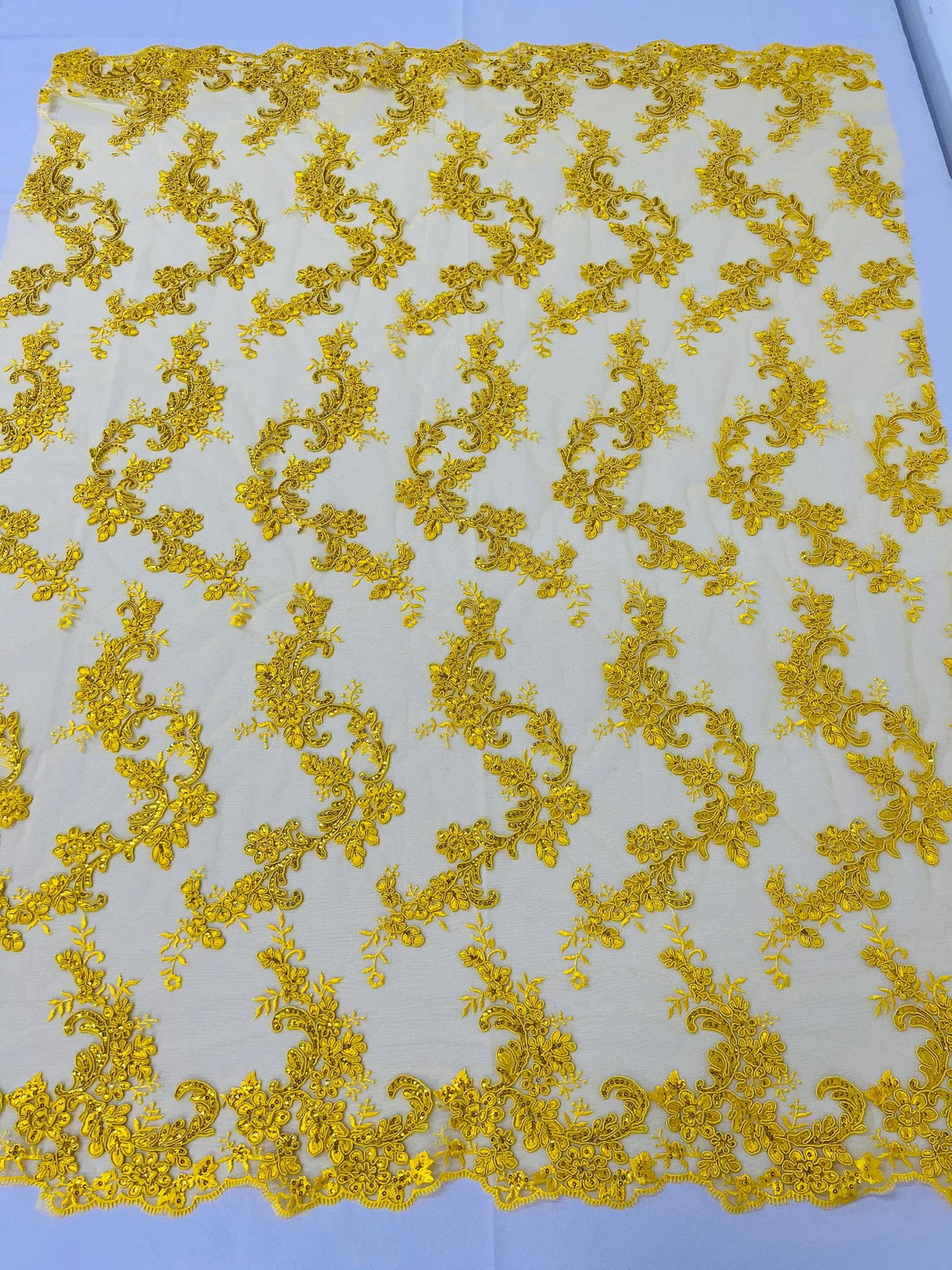 Flower Cluster Lace Sequins Fabric - Yellow - Embroidery Floral Design Lace Fabric By Yard