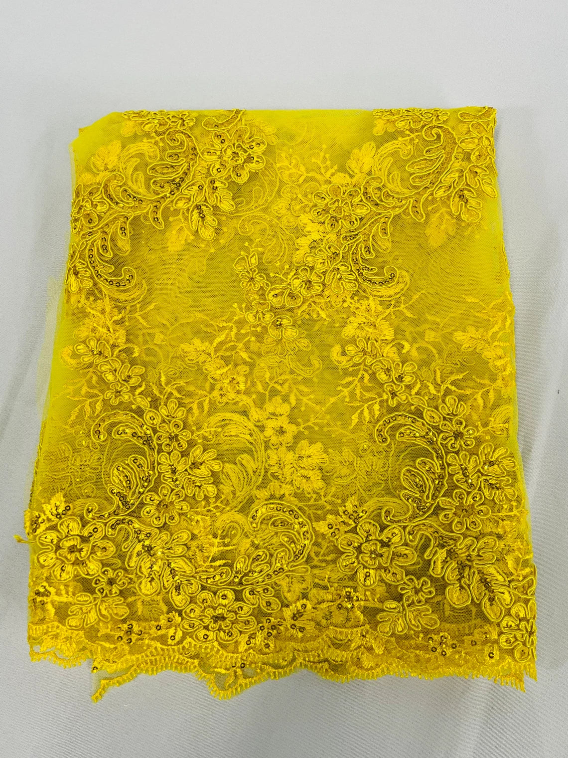 Flower Cluster Lace Sequins Fabric - Yellow - Embroidery Floral Design Lace Fabric By Yard