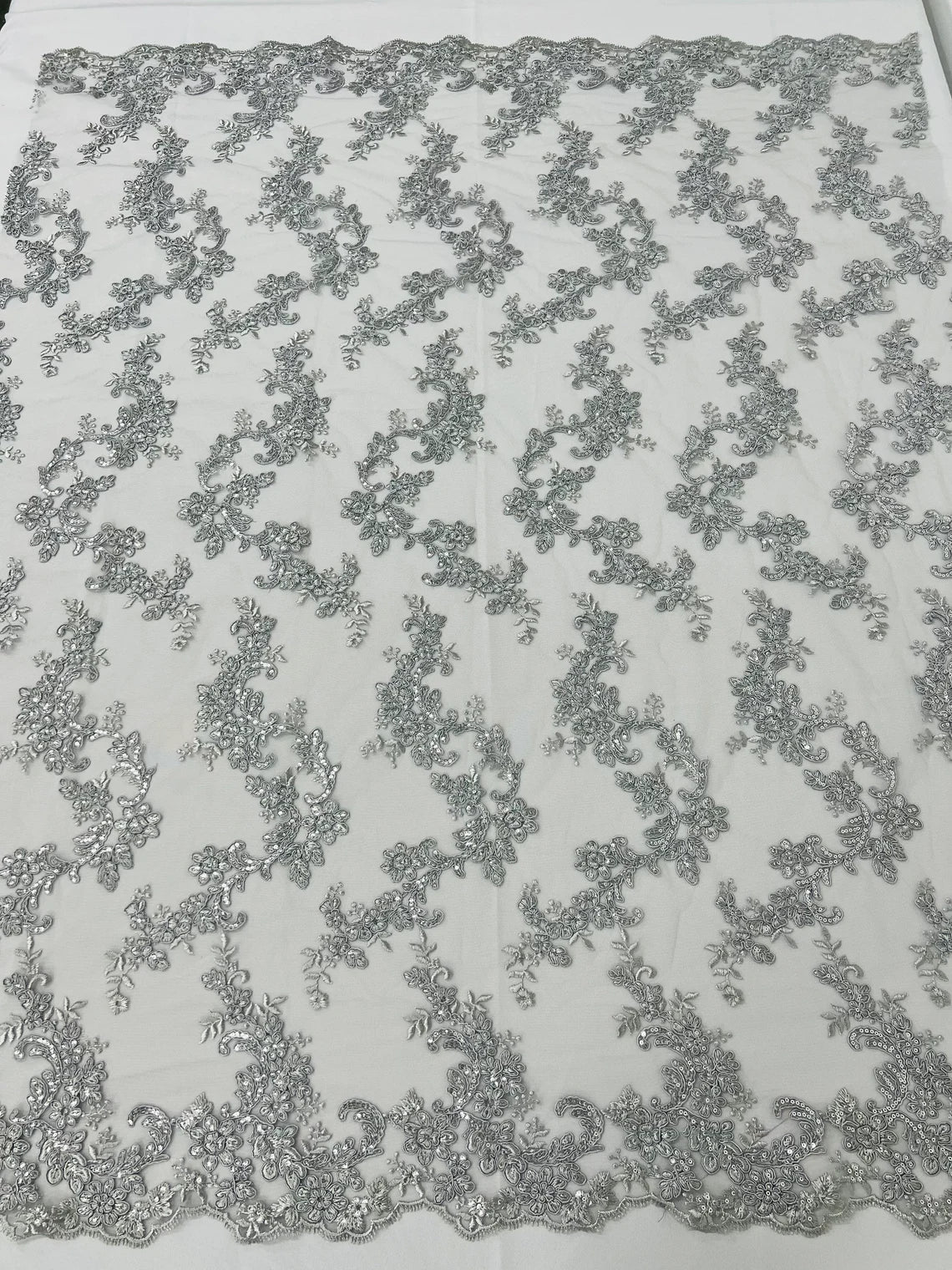 Flower Cluster Lace Sequins Fabric - Silver - Embroidery Floral Design Lace Fabric By Yard