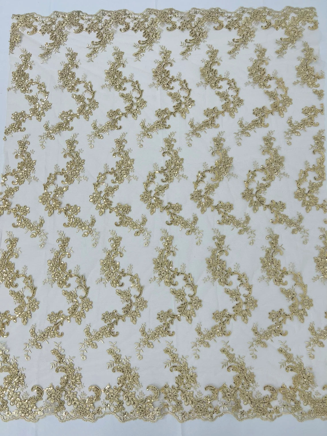 Flower Cluster Lace Sequins Fabric - Champagne - Embroidery Floral Design Lace Fabric By Yard