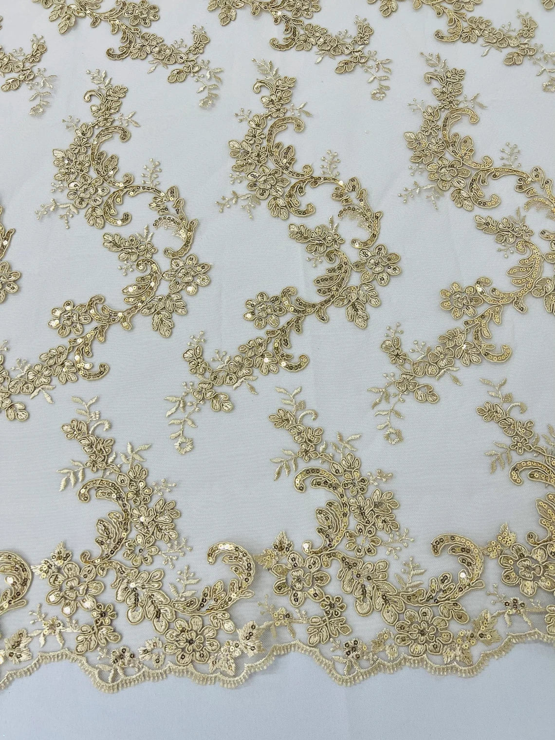 Flower Cluster Lace Sequins Fabric - Champagne - Embroidery Floral Design Lace Fabric By Yard