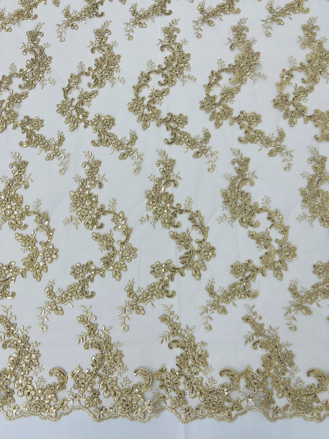 Flower Cluster Lace Sequins Fabric - Champagne - Embroidery Floral Design Lace Fabric By Yard