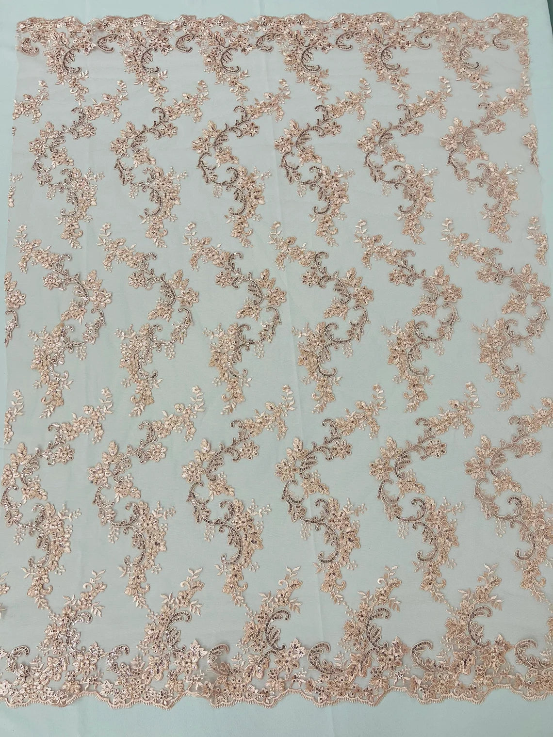 Flower Cluster Lace Sequins Fabric - Peach - Embroidery Floral Design Lace Fabric By Yard