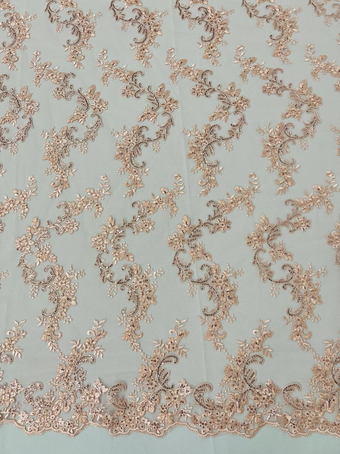 Flower Cluster Lace Sequins Fabric - Peach - Embroidery Floral Design Lace Fabric By Yard