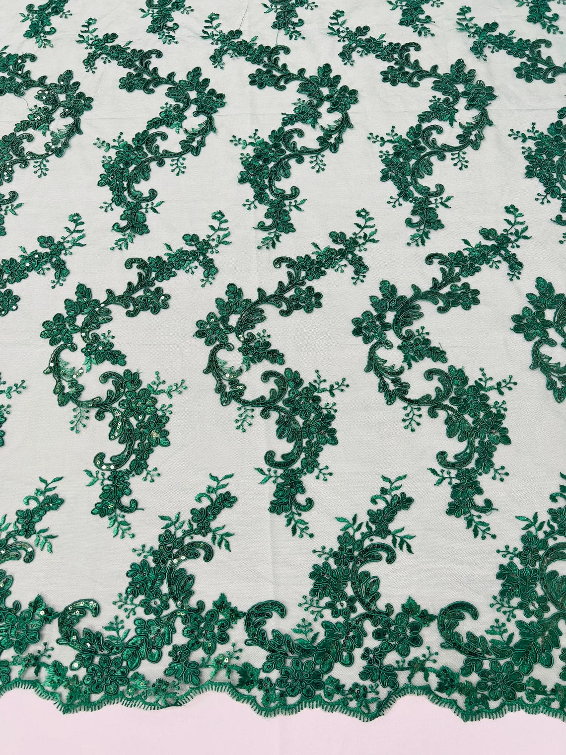 Flower Cluster Lace Sequins Fabric - Hunter Green - Embroidery Floral Design Lace Fabric By Yard