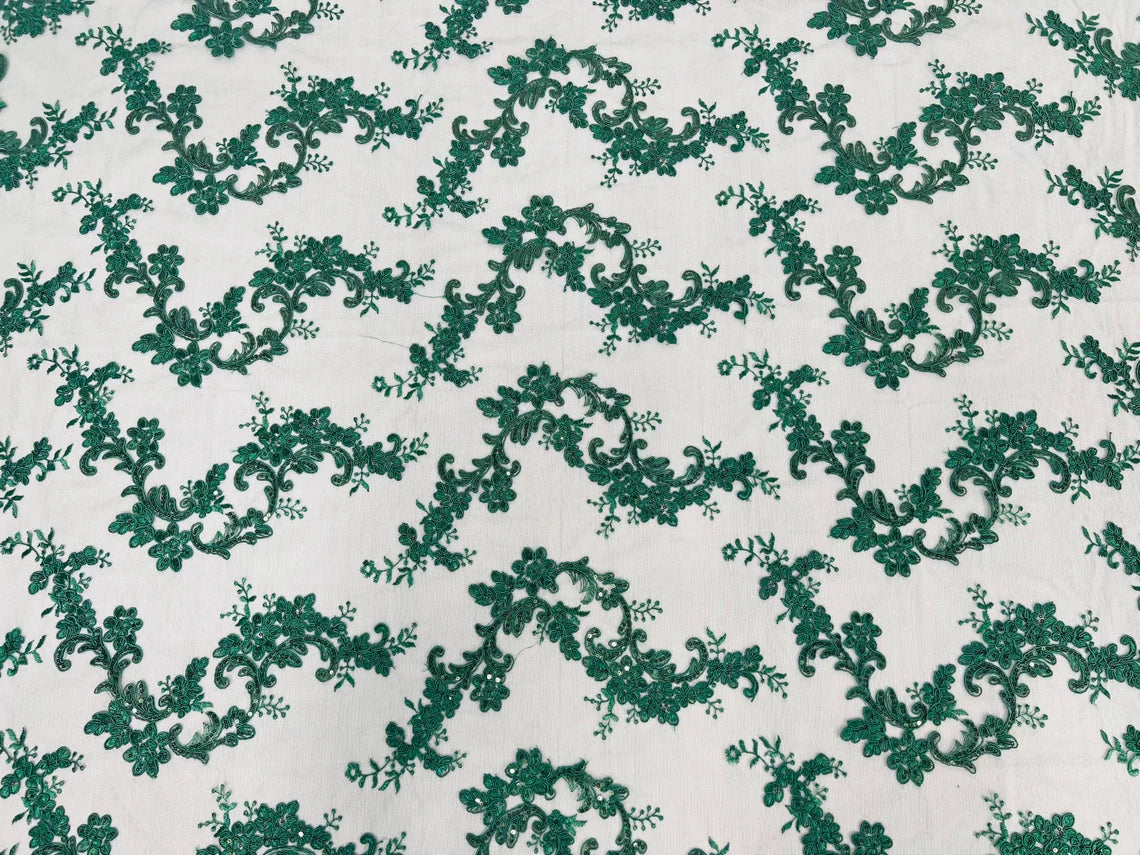 Flower Cluster Lace Sequins Fabric - Hunter Green - Embroidery Floral Design Lace Fabric By Yard