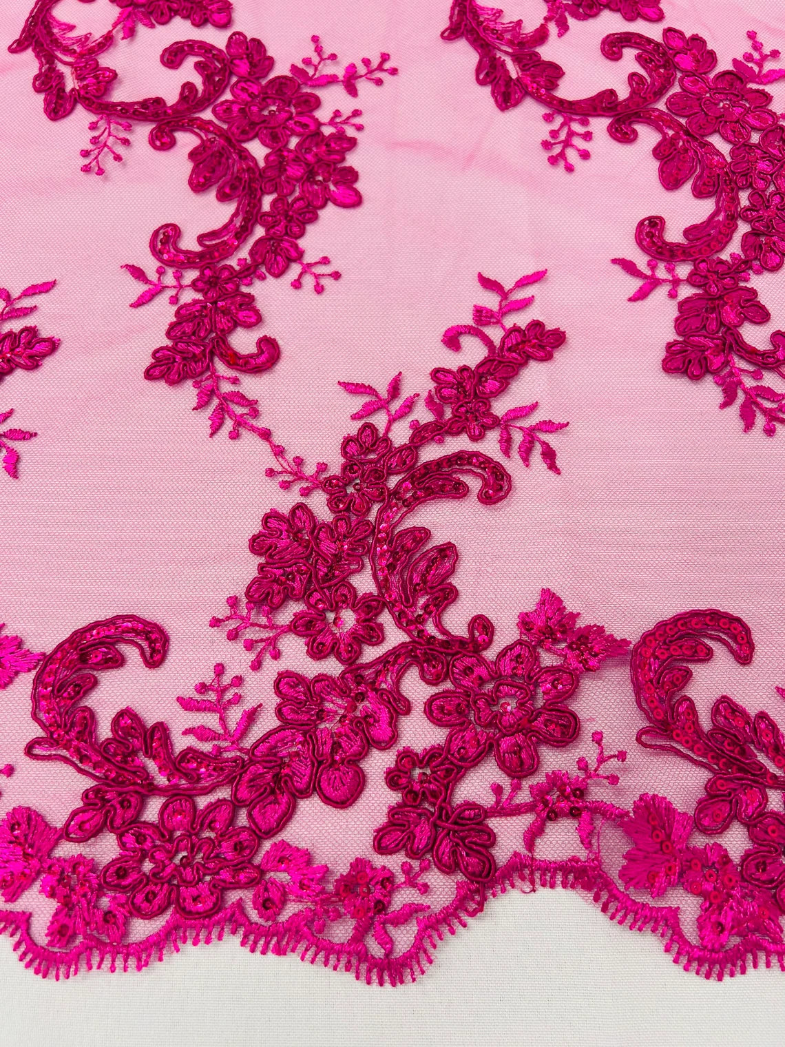 Flower Cluster Lace Sequins Fabric - Fuchsia - Embroidery Floral Design Lace Fabric By Yard