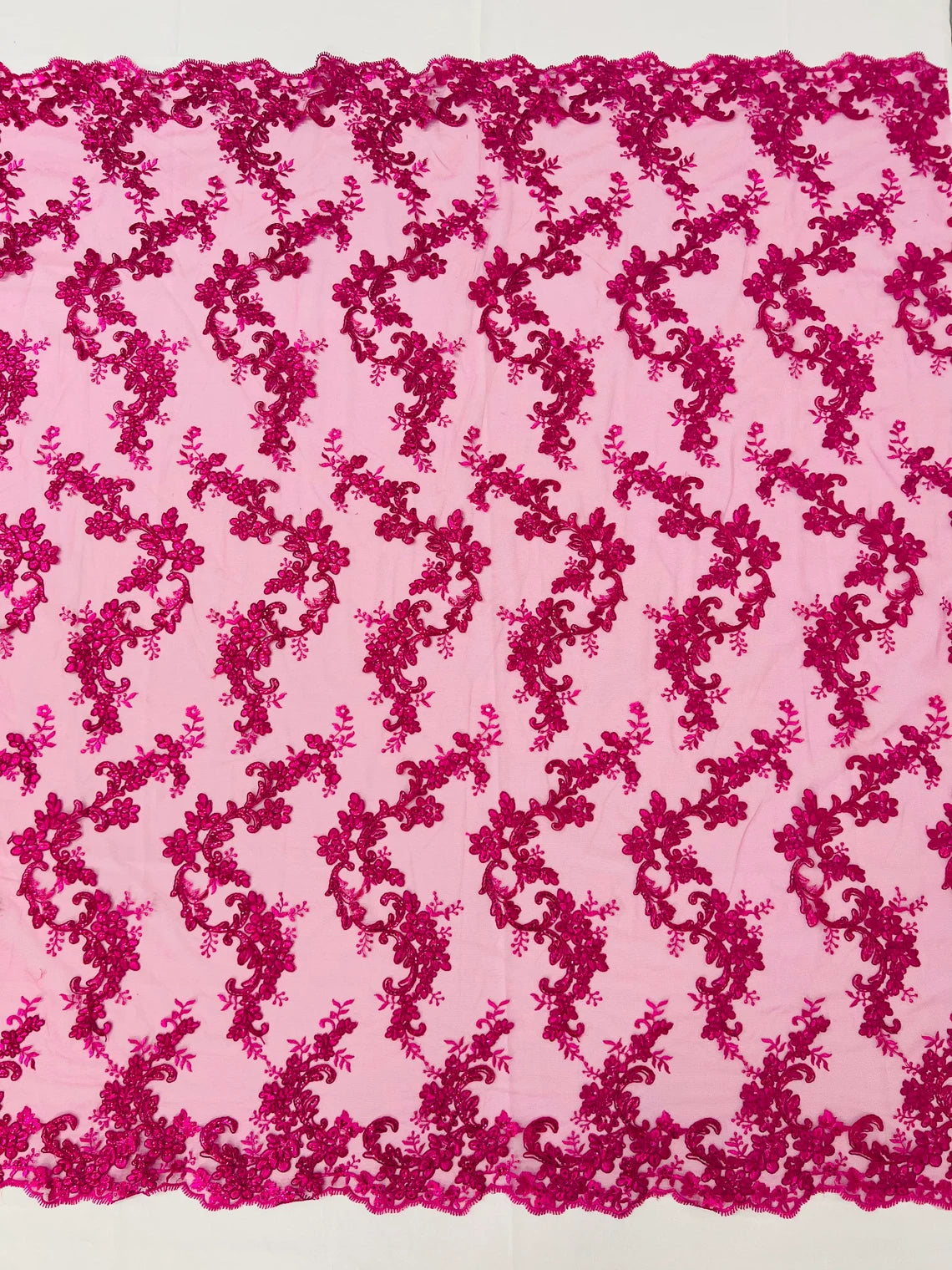 Flower Cluster Lace Sequins Fabric - Fuchsia - Embroidery Floral Design Lace Fabric By Yard