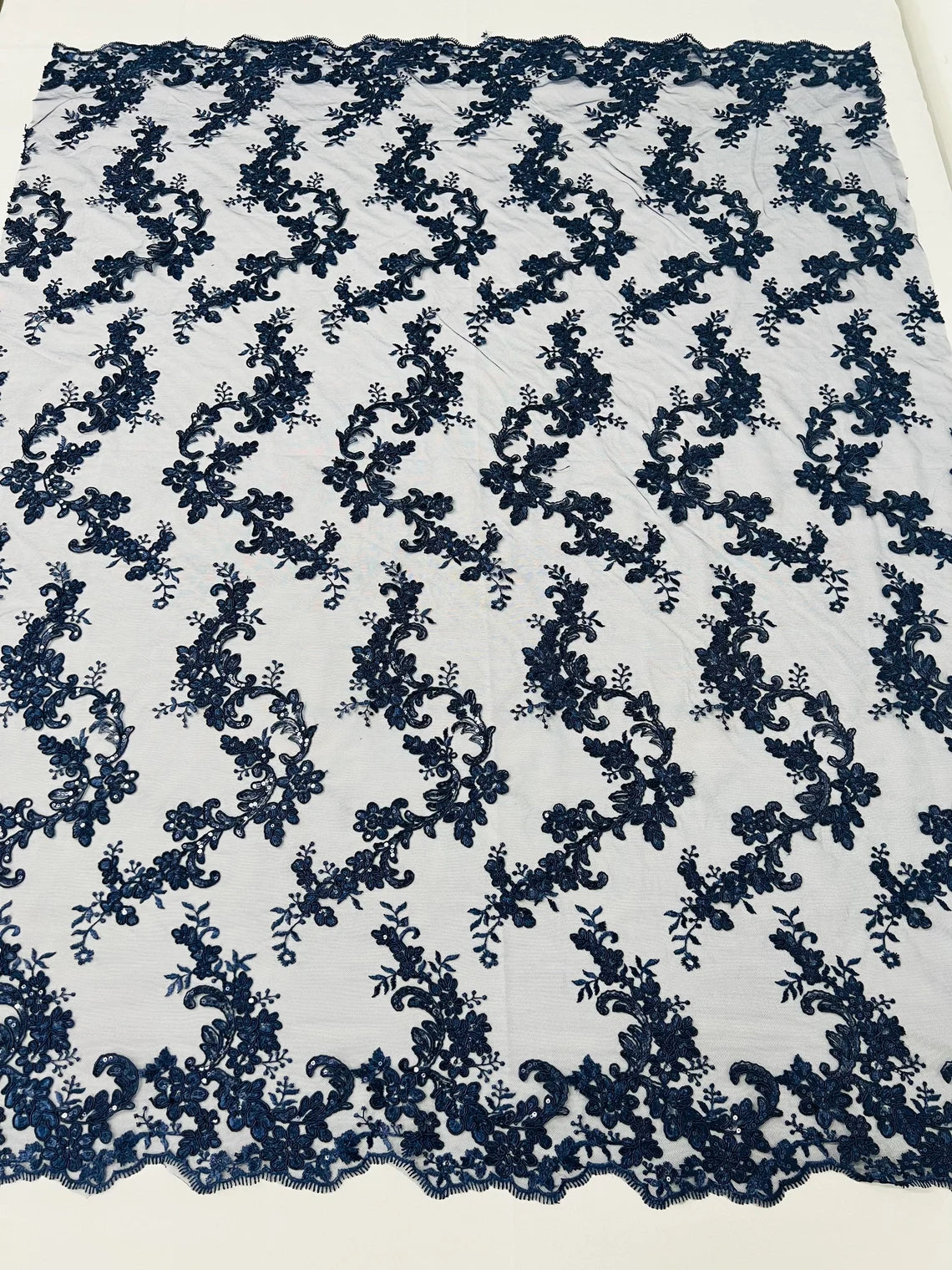 Flower Cluster Lace Sequins Fabric - Navy Blue - Embroidery Floral Design Lace Fabric By Yard