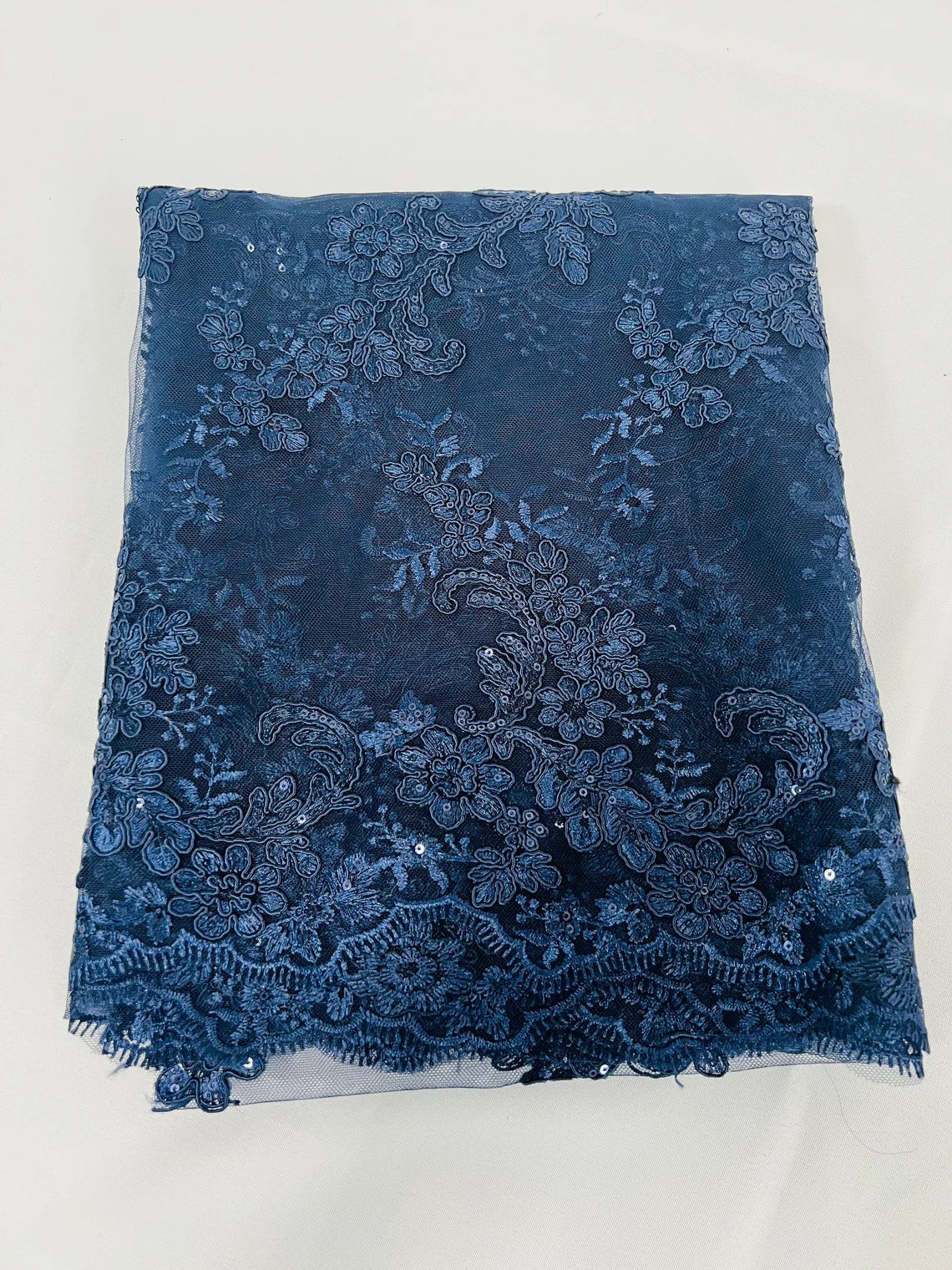 Flower Cluster Lace Sequins Fabric - Navy Blue - Embroidery Floral Design Lace Fabric By Yard