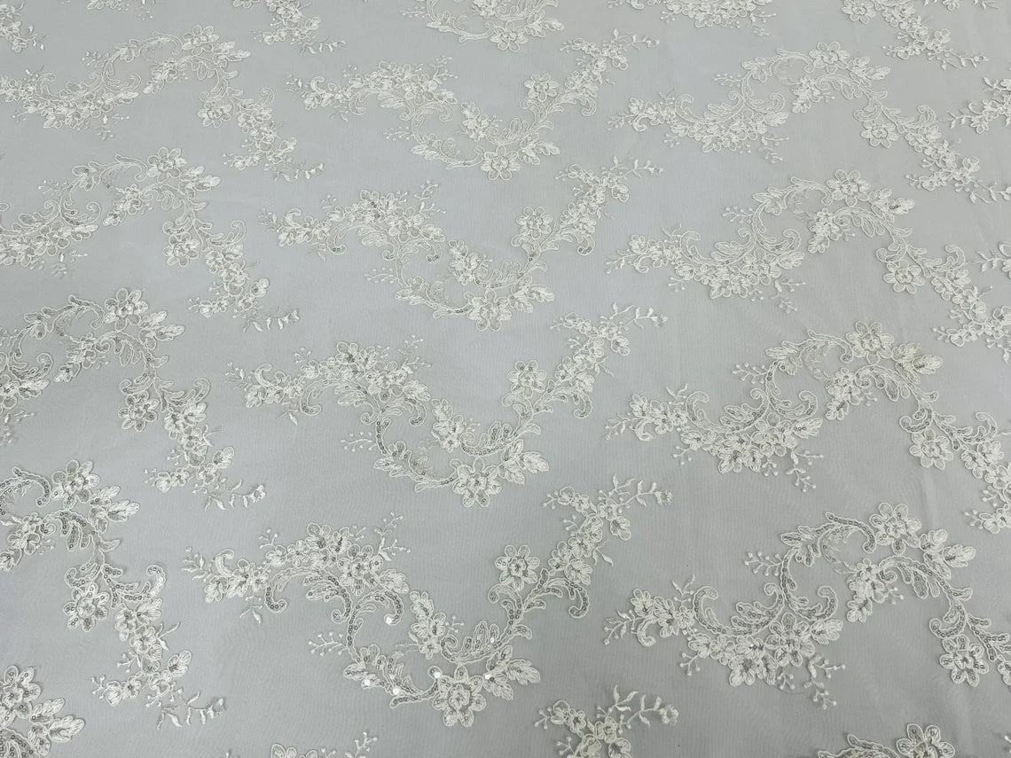 Flower Cluster Lace Sequins Fabric - Ivory - Embroidery Floral Design Lace Fabric By Yard