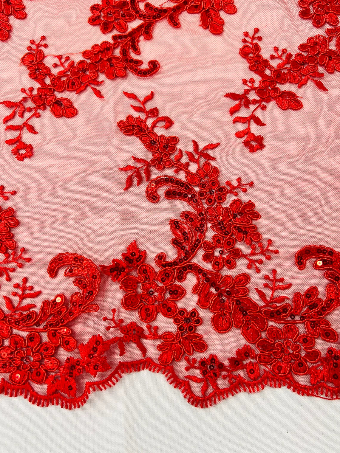 Flower Cluster Lace Sequins Fabric - Red - Embroidery Floral Design Lace Fabric By Yard